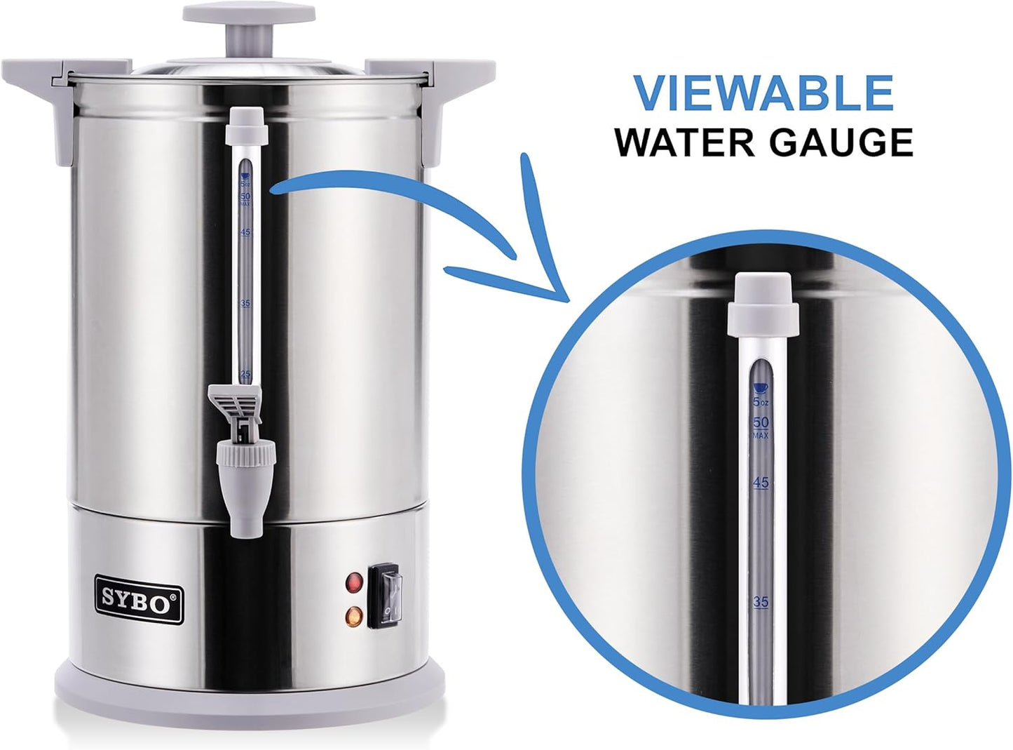 SYBO SR-CP-100B Commercial Grade Stainless Steel Percolate Coffee Maker Hot Water Urn for Catering, 100-Cup 16 L, Grey
