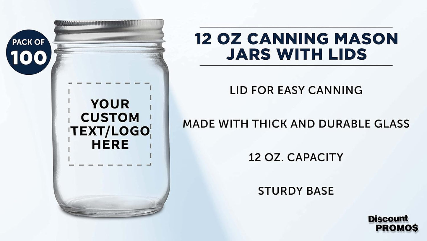 DISCOUNT PROMOS 100 Decorating Mason Jars Set, 12 oz. - Customizable Text, Logo - Canning, Aluminum Lid - Clear