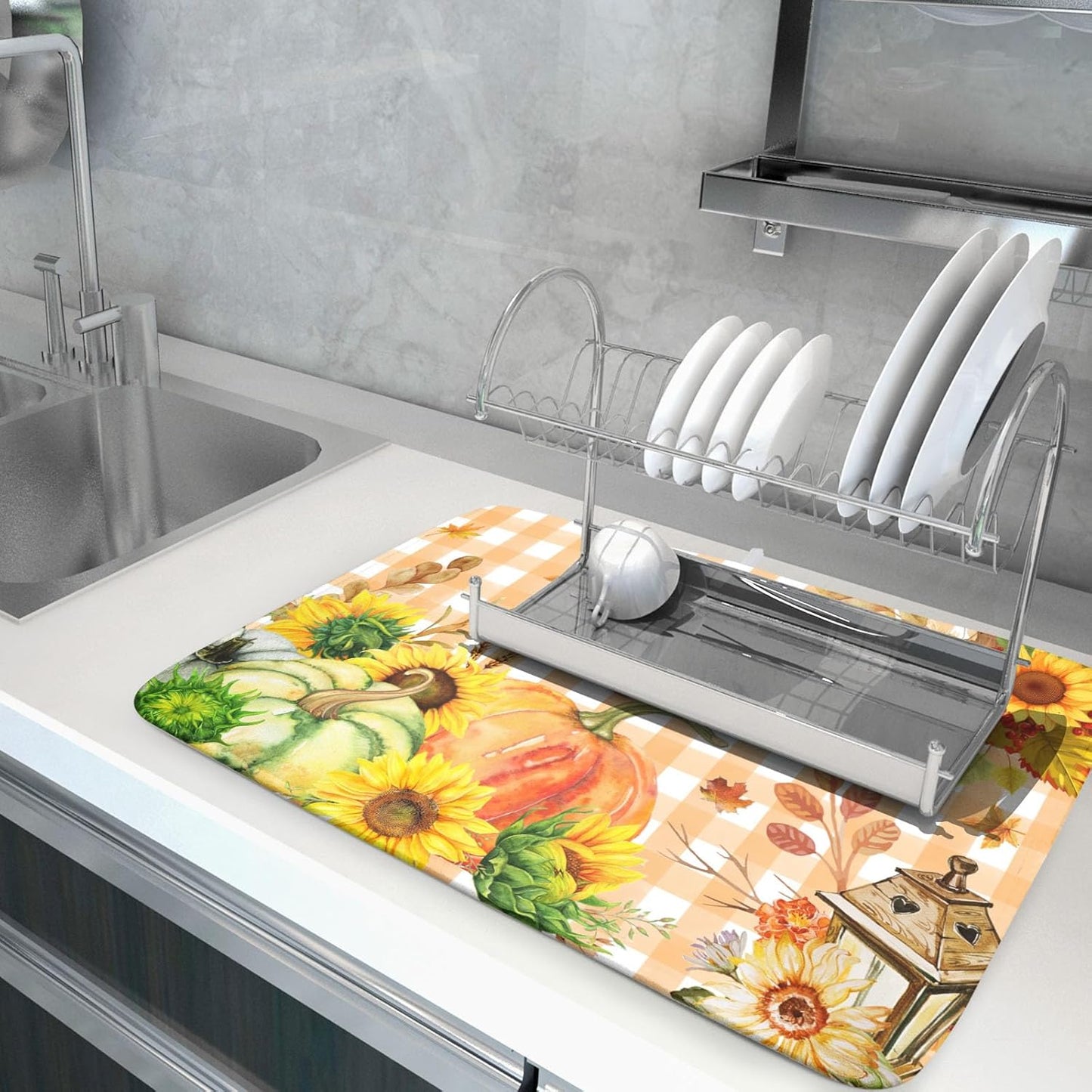 Autumn Maple Leaf Orange White Check Plaids Dish Drying Mat for Kitchen Counter,Fall Sunflower Pumpkin Drying Mat 18 x 24 Inch with Absorbent Reversible Microfiber Dish Drying Pad for Coffee Bar