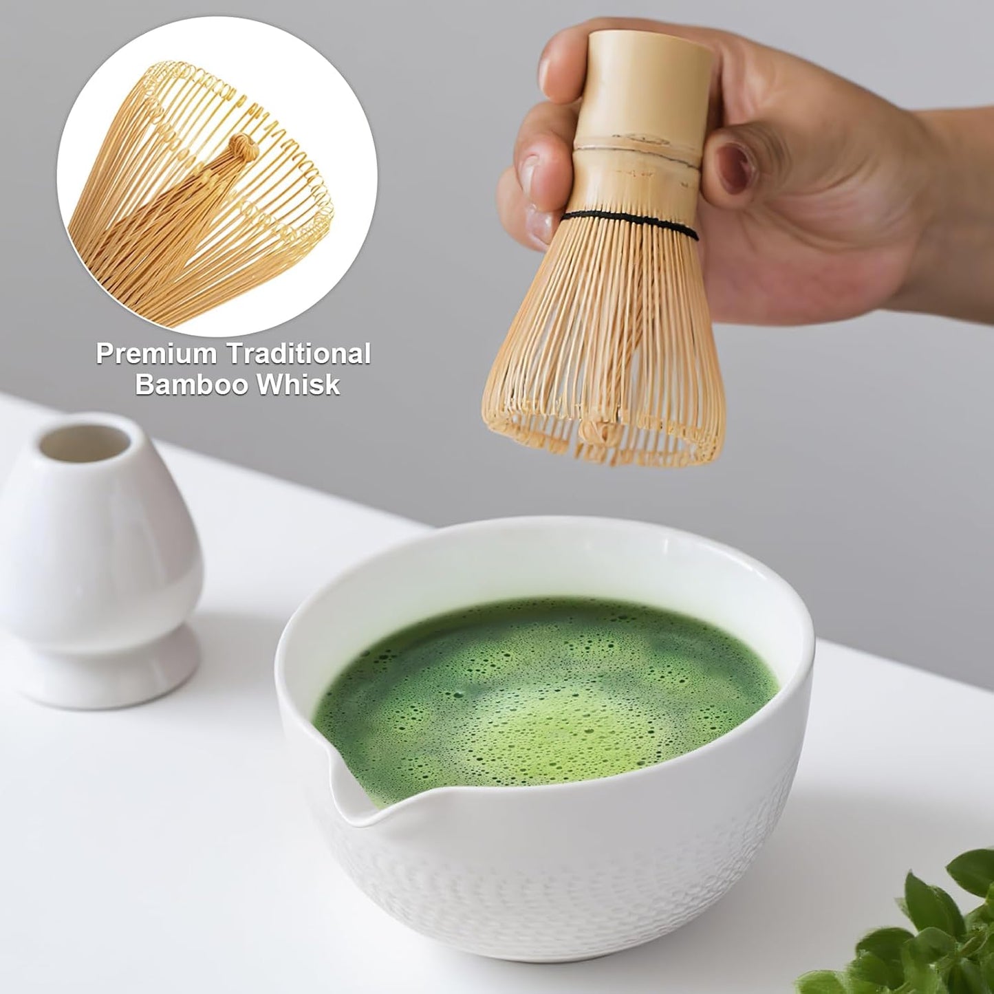 Matcha Whisk Set, Ceramic Matcha Set, Matcha Bowl with Spout, Matcha Whisk & Holder, Sifter and Bamboo Scoop, 5 Pcs Matcha Kit, Matcha Tea Ceremony Gifts for Matcha Lovers & Starter (White)