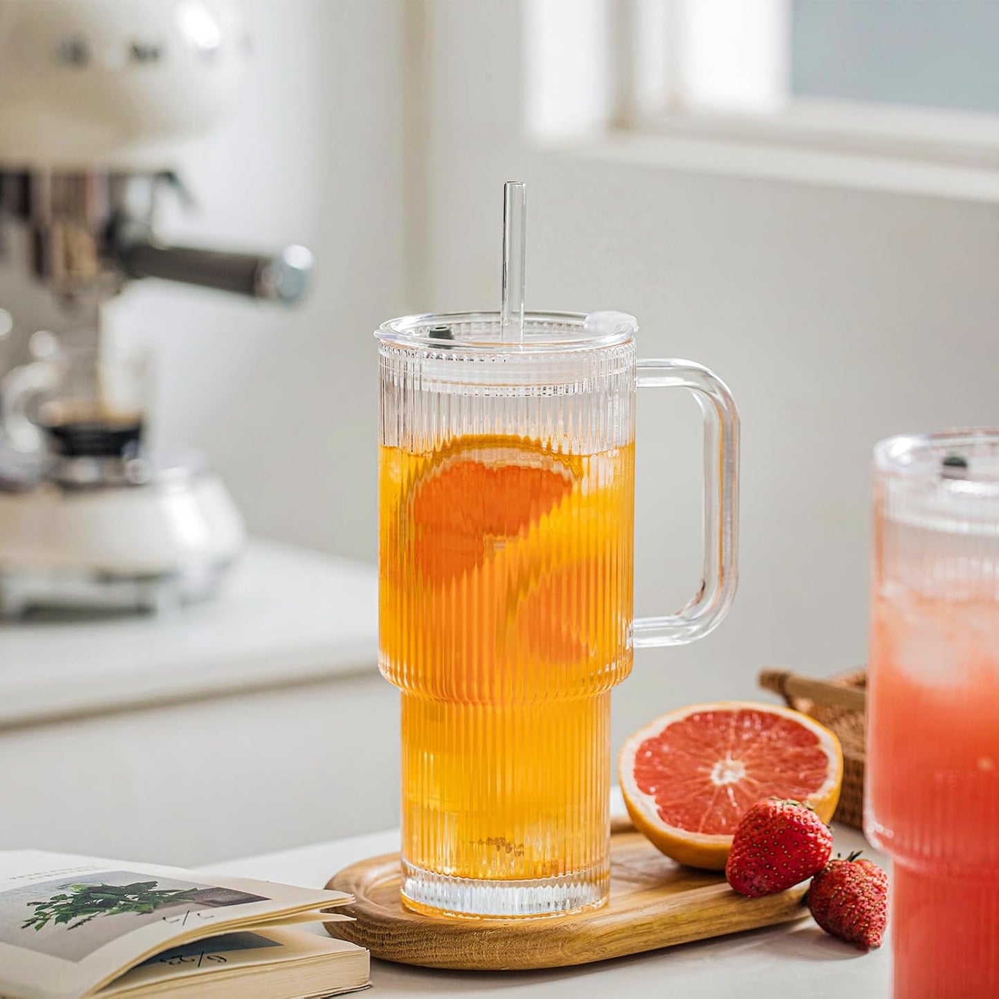 INSETLAN 26oz Ribbed Glass Tumbler with Handle & Lid – 4-Pack Large Iced Coffee Cups with Straws, Modern Glass Mug for Cold & Hot Beverages, Aesthetic Travel Cup for Smoothies, Tea, and Juice