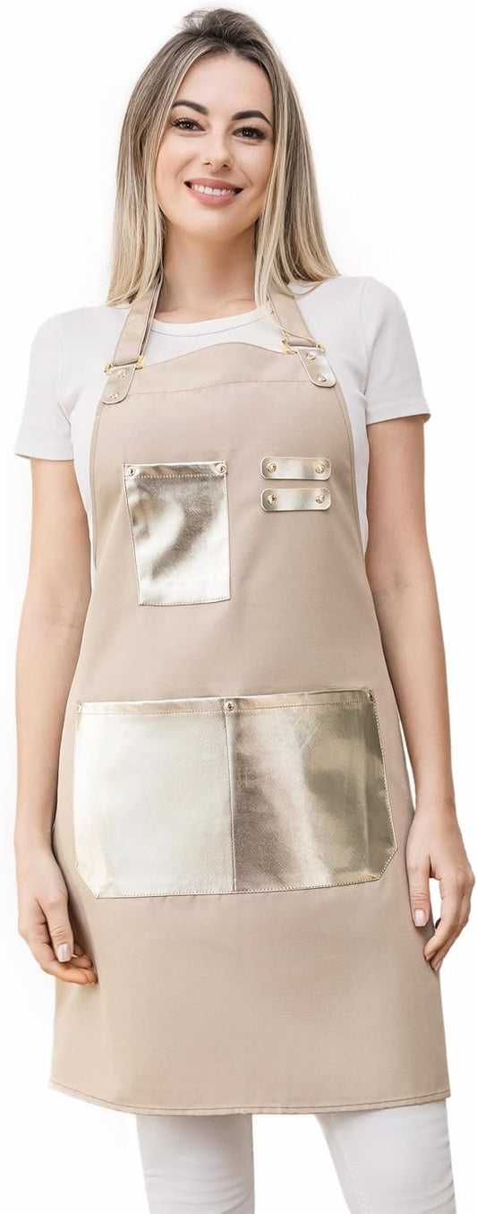 Barista Waitress Chef Cooking Aprons Waterproof Canvas Hair Stylists Apron with 3 Pockets for Women