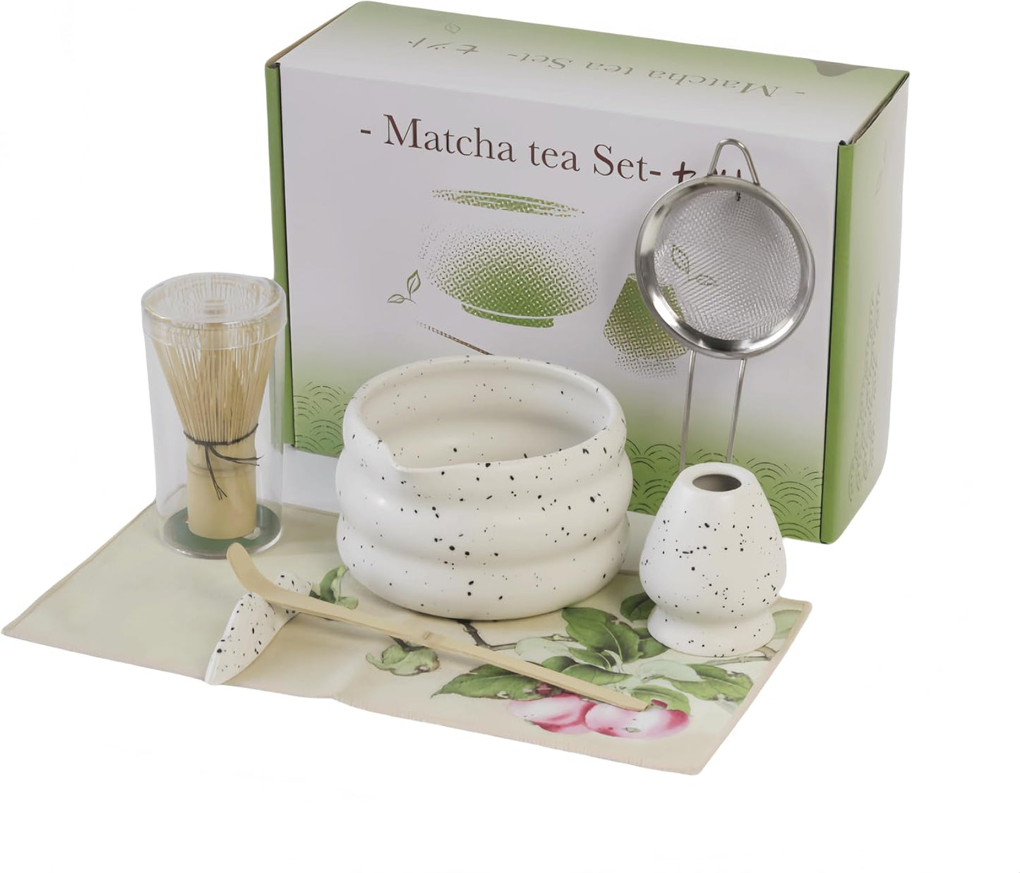 7-piece matcha kit includes matcha bowl. white speckled matcha tea set with bamboo whisk -, sifter, scoop, stainless steel filter, tea caddy, cloth & gift box - for matcha green (7)