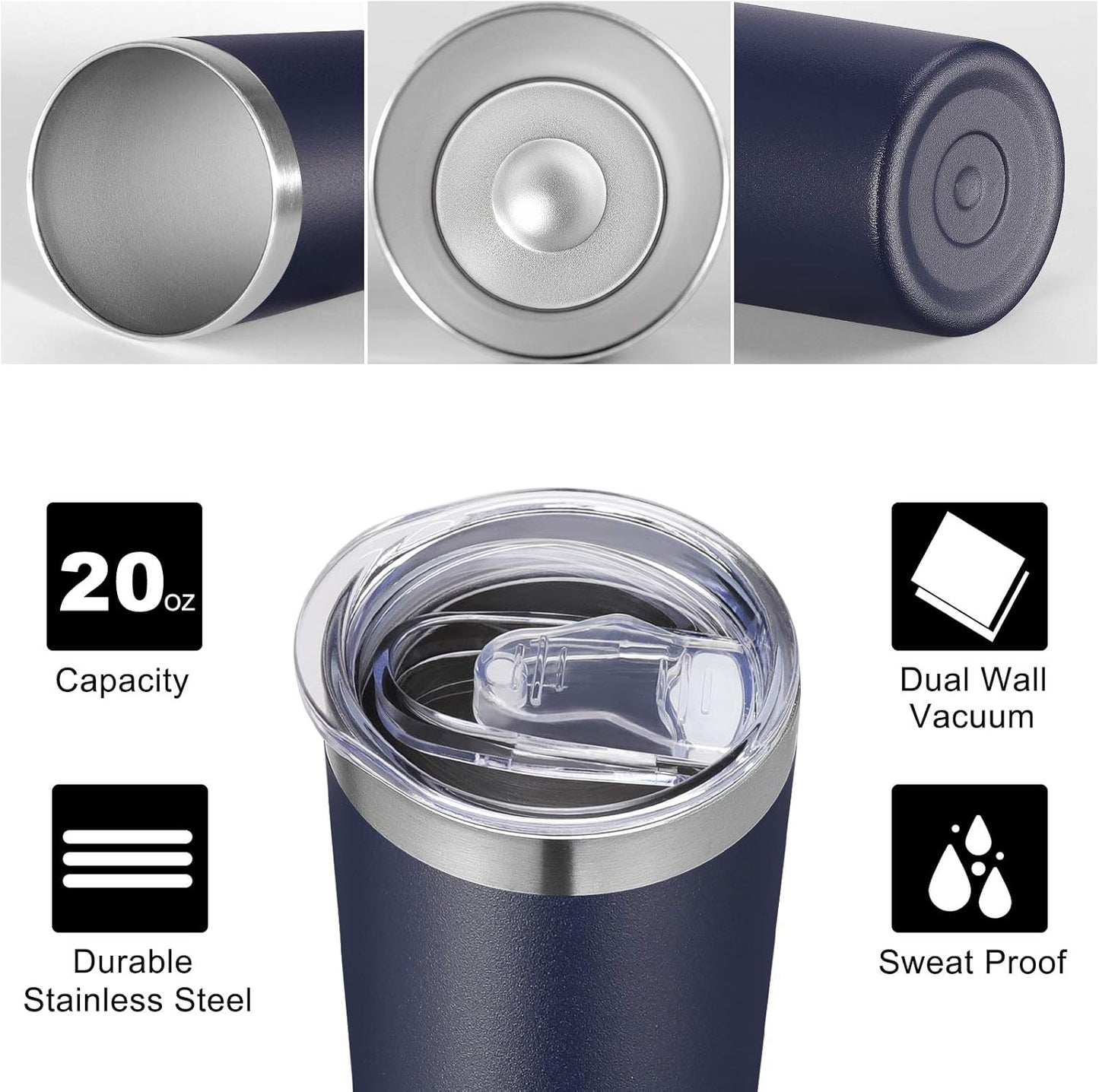 VEGOND Stainless Steel Tumblers Bulk 6 Pack, 20 oz Vacuum Insulated Skinny Tumblers with Lid and Straw, Double Wall Coffee Mug, Travel Water Cup, Navy Blue