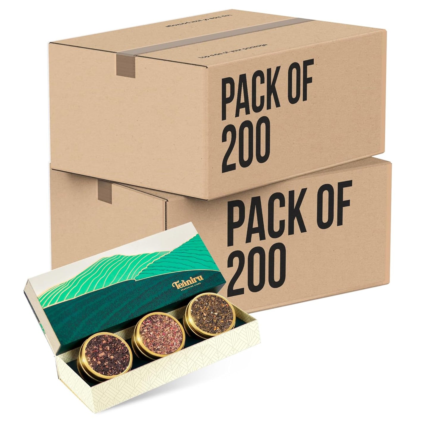 Teaniru, Novelty Tea Collection – Pack of 200 | Loose Leaf Tea Sampler Gift | 3 Flavored Tea - Black, Herbal & Green Tea | Loose Leaf Tea Gift Set for Corporate Gifting