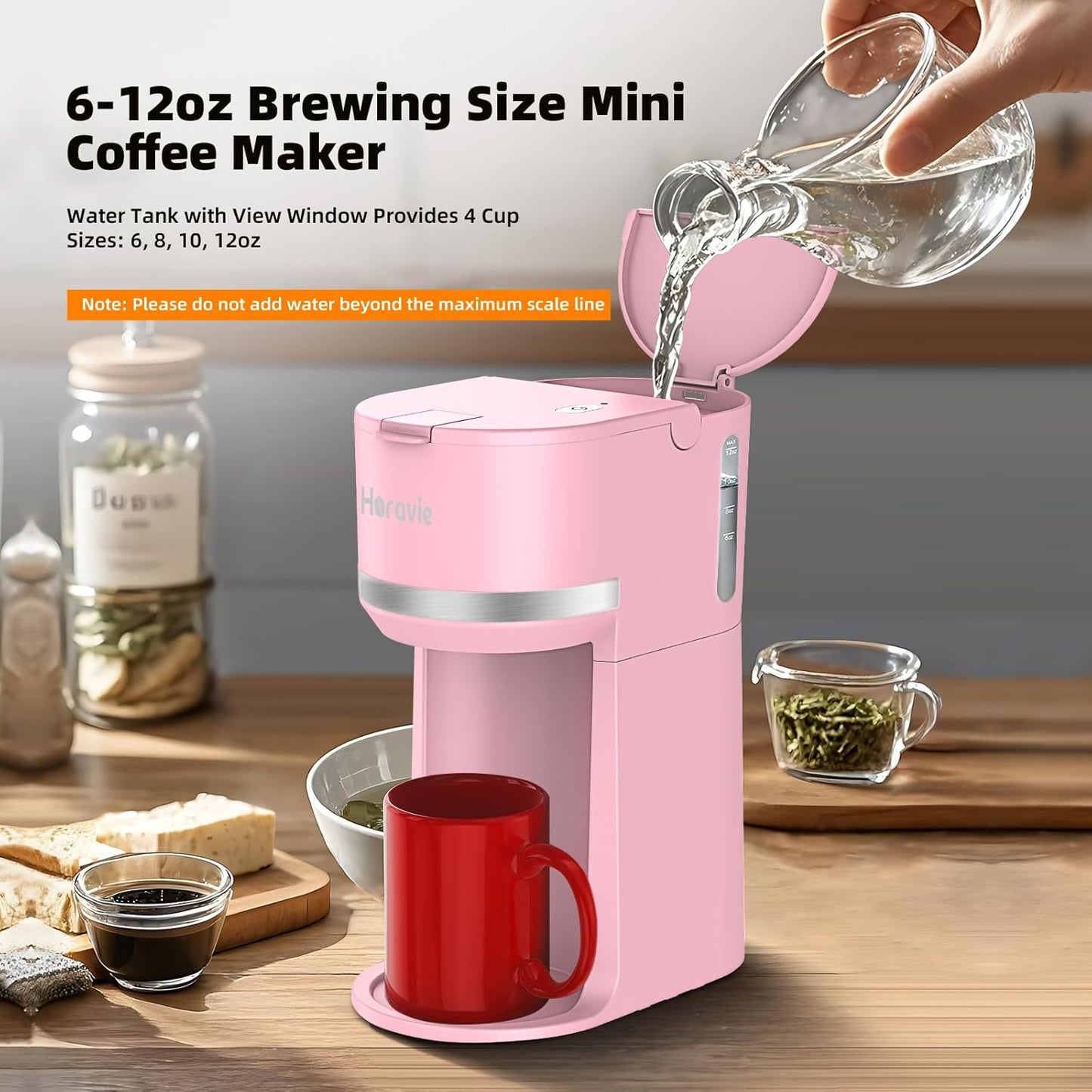 Mini Single Serve Coffee Maker for K Cup and Ground Coffee, Fast Brew One Cup Coffee Machine with Descaling Reminder and Water Window, 6 to 12 oz. Brew Sizes, Pink