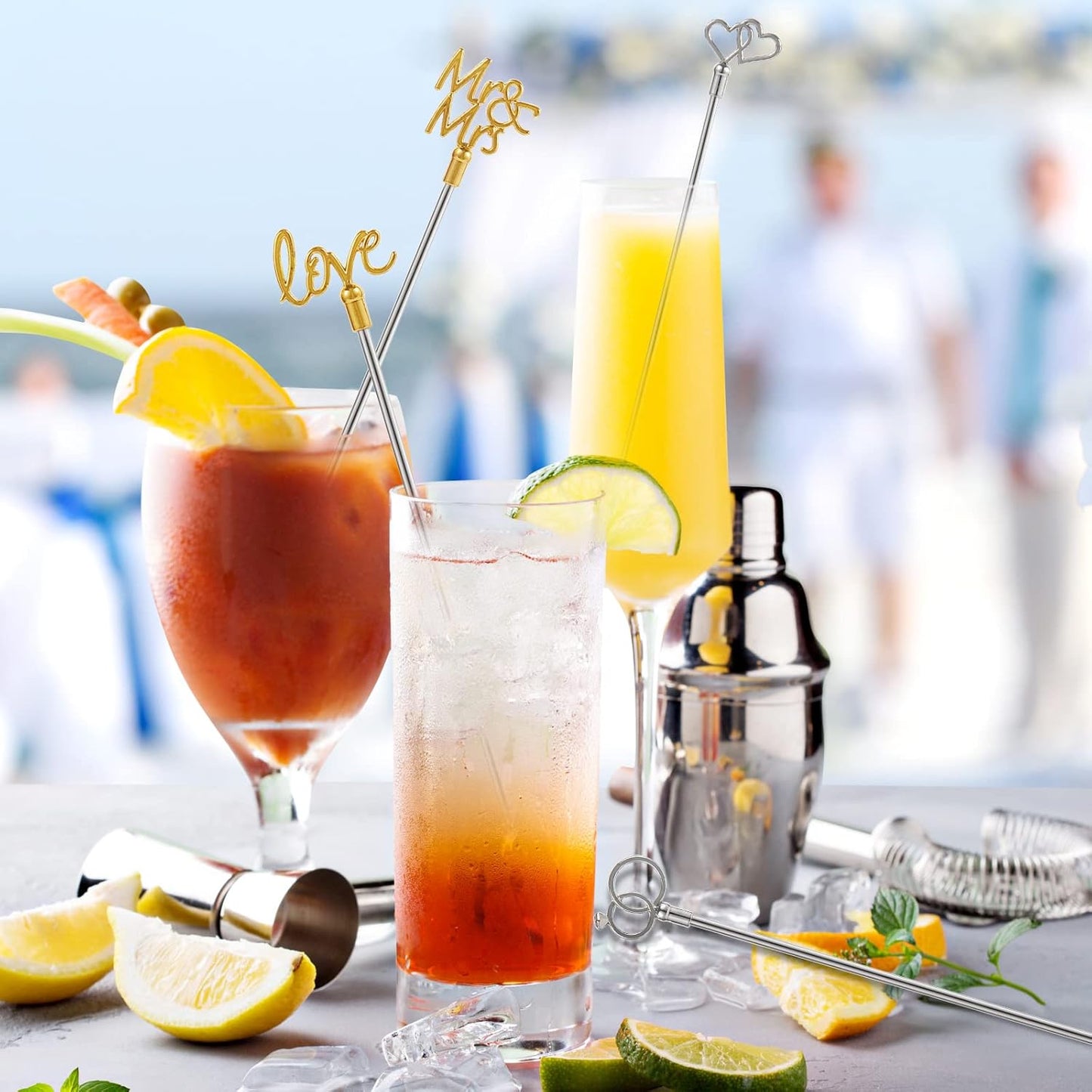 4Pcs Cocktail Stirrers Swizzle Sticks Stainless Steel 7.3" Coffee Stir Sticks with Gold Mr & Mrs,LOVE Shape, for Mixing Cocktail Metal Stir Sticks for Coffee Bar