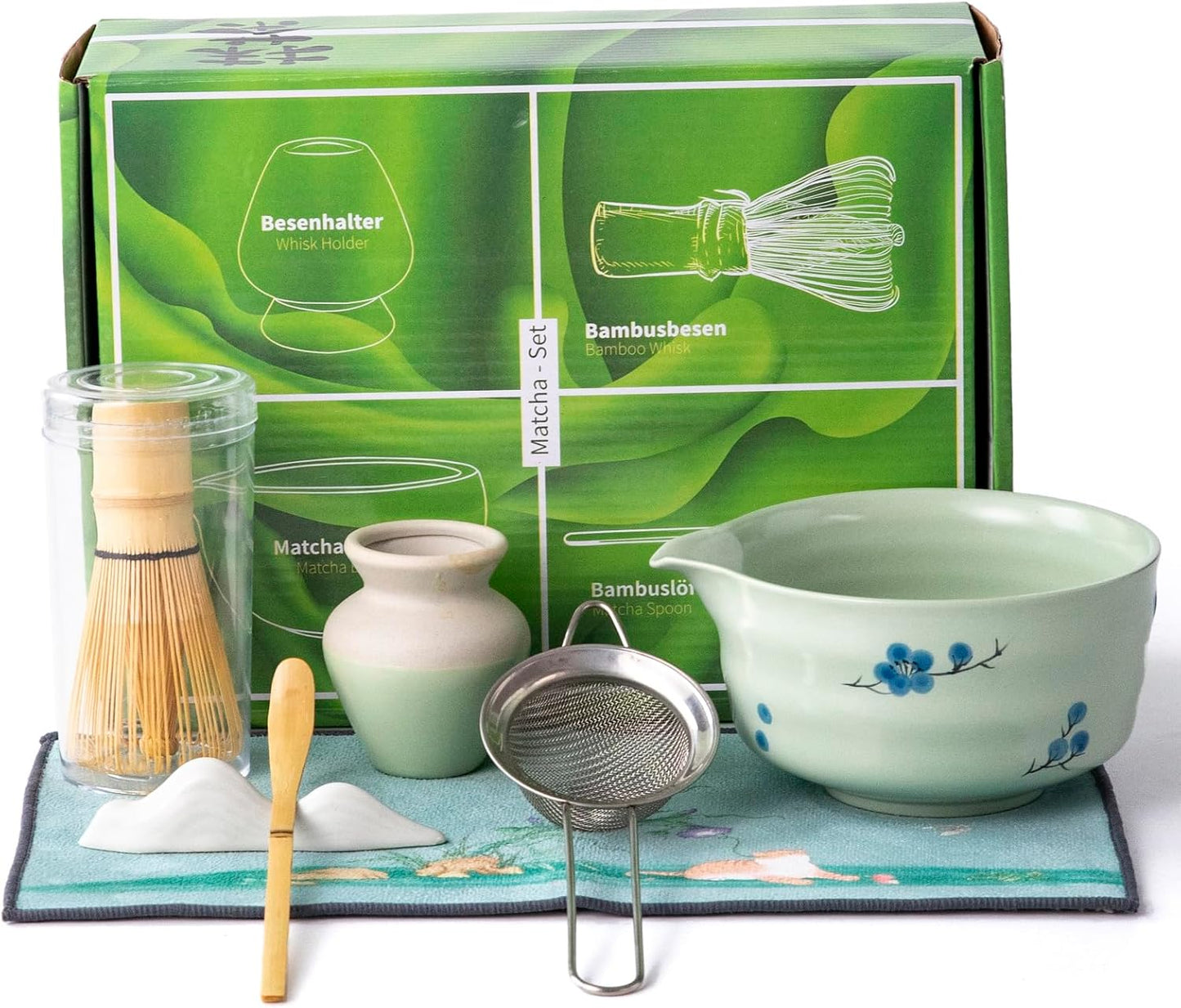 matcha whisk set, including matcha bowl, matcha whisk and stand, sieve, spoon, cloth mat, gift for matcha set(Light green)