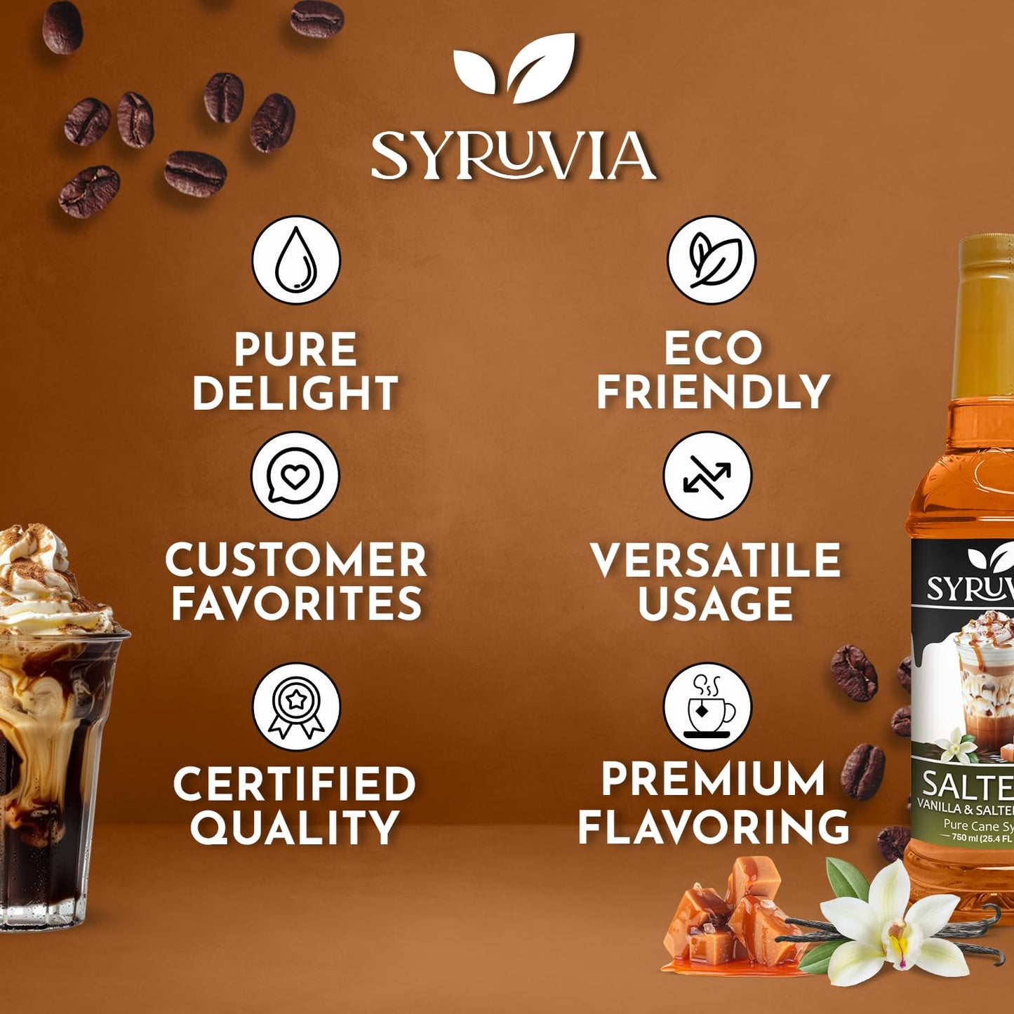 Syruvia SALTELLA Coffee Syrup Vanilla Salted Caramel - 25.4 fl oz - Kosher Coffee Syrups, Gluten Free, No Coloring, Perfect for Drinks, Soda, Shakes, Desserts, and More.