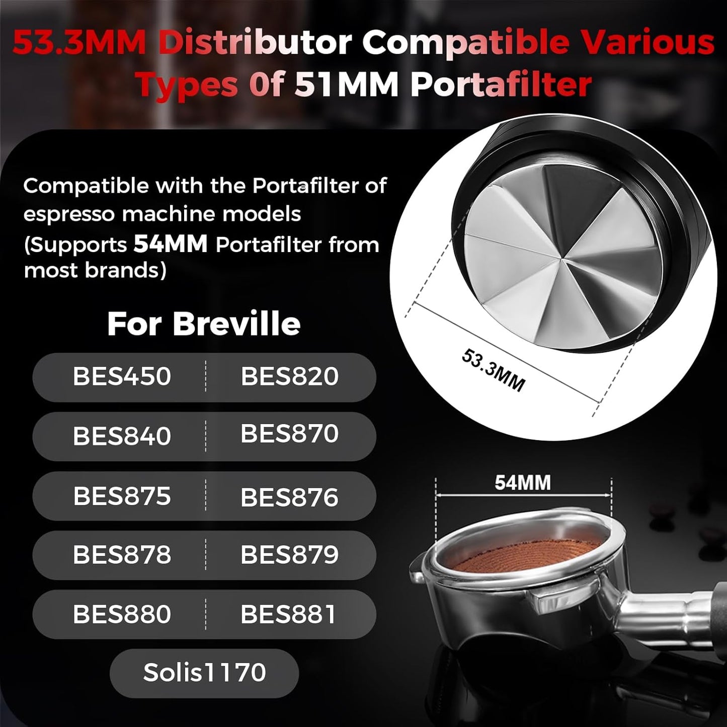 IKAPE 53.3MM Espresso Distributor, Dual-Bearing & High-Speed Rotation Coffee Distributor, Coffee Leveler, Espresso Tamper Tool, Adaptive Height Coffee Leveler for 54mm Portafilters