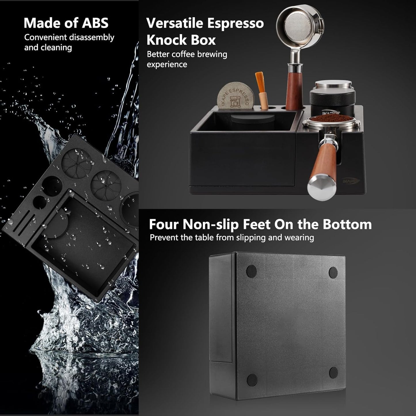 IKAPE Espresso Knock Box, Espresso Coffee Organizer Box Fit for Storage 51, 54, 58MM Espresso Tamper, Distributor, Portafilter & Puck Screen Accessories, Plastic Station Base(Black)