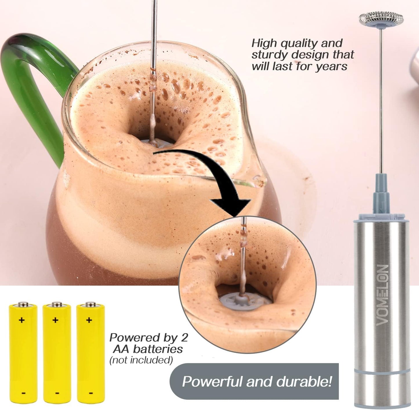 Milk Frother, Handheld Battery Operated Frother for Coffee,Portable Drink Mixer with 2 Stainless Steel Whisk Heads, Milk Foamer for Keto Coffee, Latte, Cappuccino, Hot Chocolate, Silver