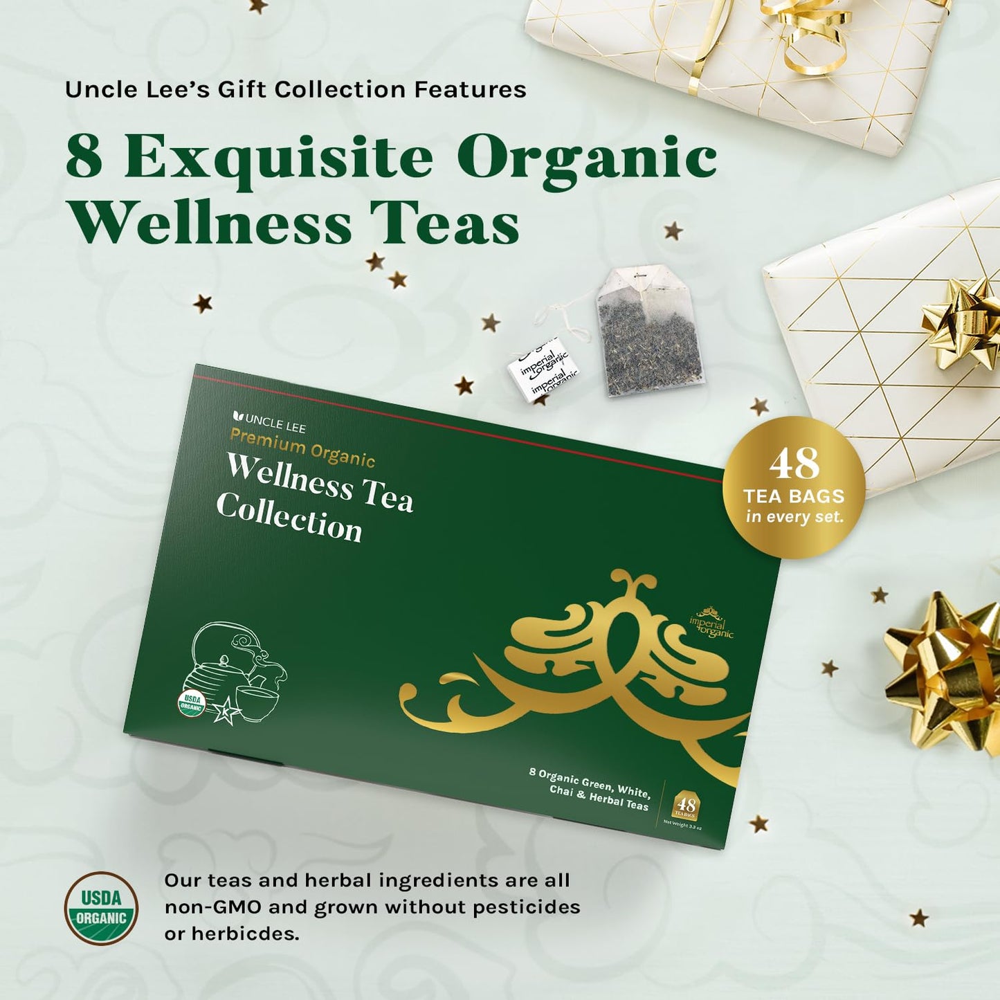 Uncle Lee’s Organic Tea Variety Gift Set – Wellness Collection with 8 Teas (6 Bags Each) in a Premium Gift Box, 3.3 Oz
