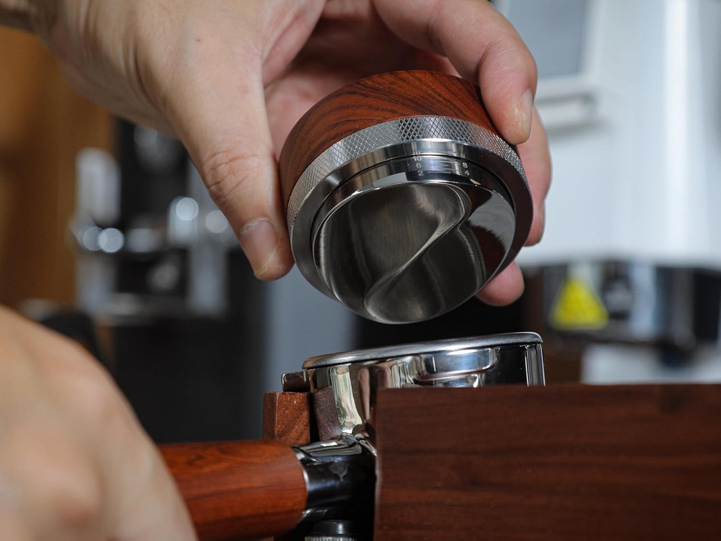 58mm Gaggia Espresso Accessories Kit –Rosewood Naked Portafilter, Auto-Level Espresso Press, Ground Distribution Tool, Wooden Barista Holder & Coffee Puck Knock Bin