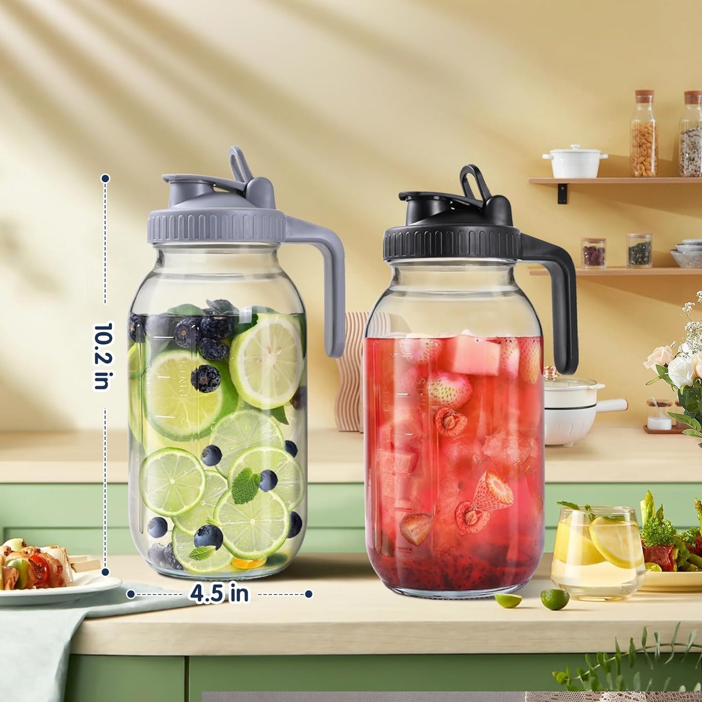 Glass Pitchers with Lid, Set of 2, 64OZ Leak-Proof Airtight Mason Jars, Wide Mouth Water Jugs for Cold Brew Coffee, Iced tea, Milk, Food Storage, Sun Tea Jar.
