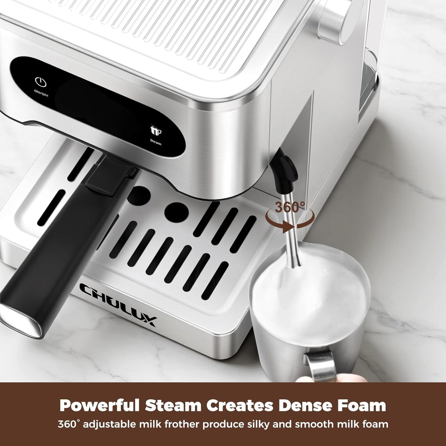 CHULUX Cold Brew Espresso Machine, 20 Bar Stainless Steel Touchscreen Cappuccino & Latte Machine with Steam Wand for Home