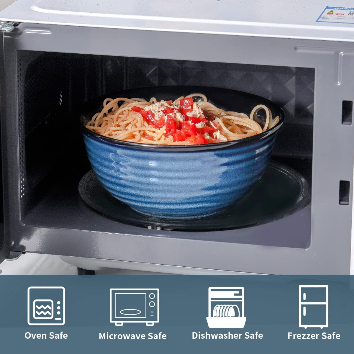 Hasense Ceramic Salad Bowls, 8.5 Inch Large Serving Bowls, 60 oz Serving Dishes for Entertaining Soup Pasta Ramen Pho Fruit Popcorn, Dishwasher and Microwave Safe, Set of 2, Navy Blue