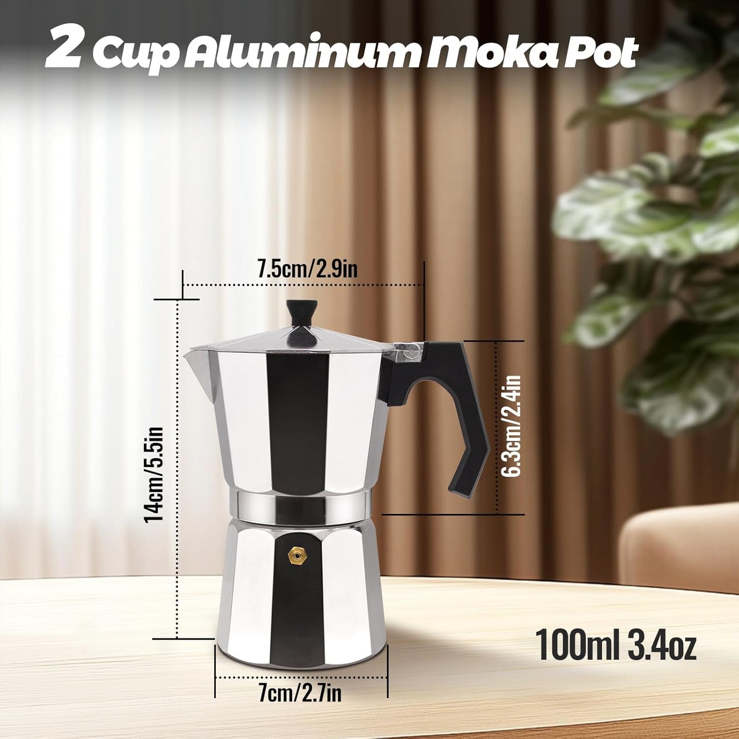 2 Cup Aluminum Moka Pot Classic Stovetop Espresso Coffee Maker 100ml 3.4oz Coffeemaker Percolator Mocha Pot Greca Coffee Maker Cafe Makers for Italian and Cuban Café Brewing Silver