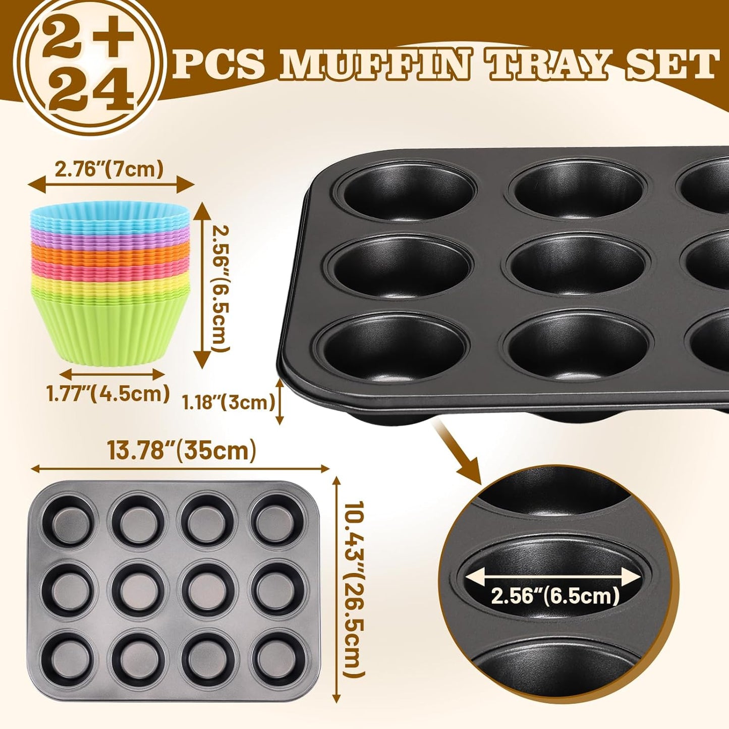 BEWOS 2 PCS Non-Stick 12 Cup Muffin Pan, Carbon Steel Mini Muffin Pan with 24 Reusable Silicone Silicone Molds, Dishwasher Safe & Easy Clean Muffin Tin, Baking Moulds for Muffins or Cupcake（Grey）