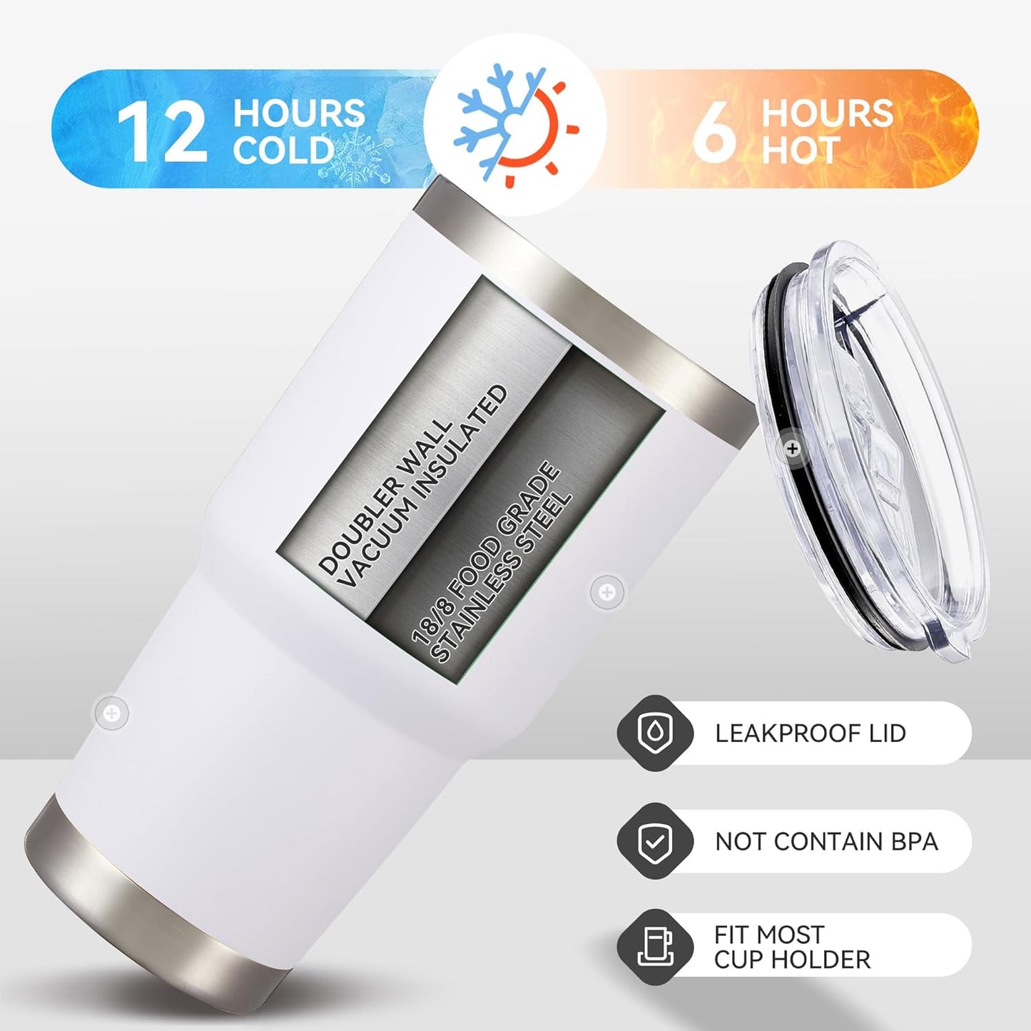 30 oz Tumbler with Lid Stainless Steel Tumblers Bulk Vacuum Insulated Cup Reusable Powder Coated Travel Mug Double Wall Leak Proof Cups Keep Cold Drinks for 12 Hours White, Set of 12