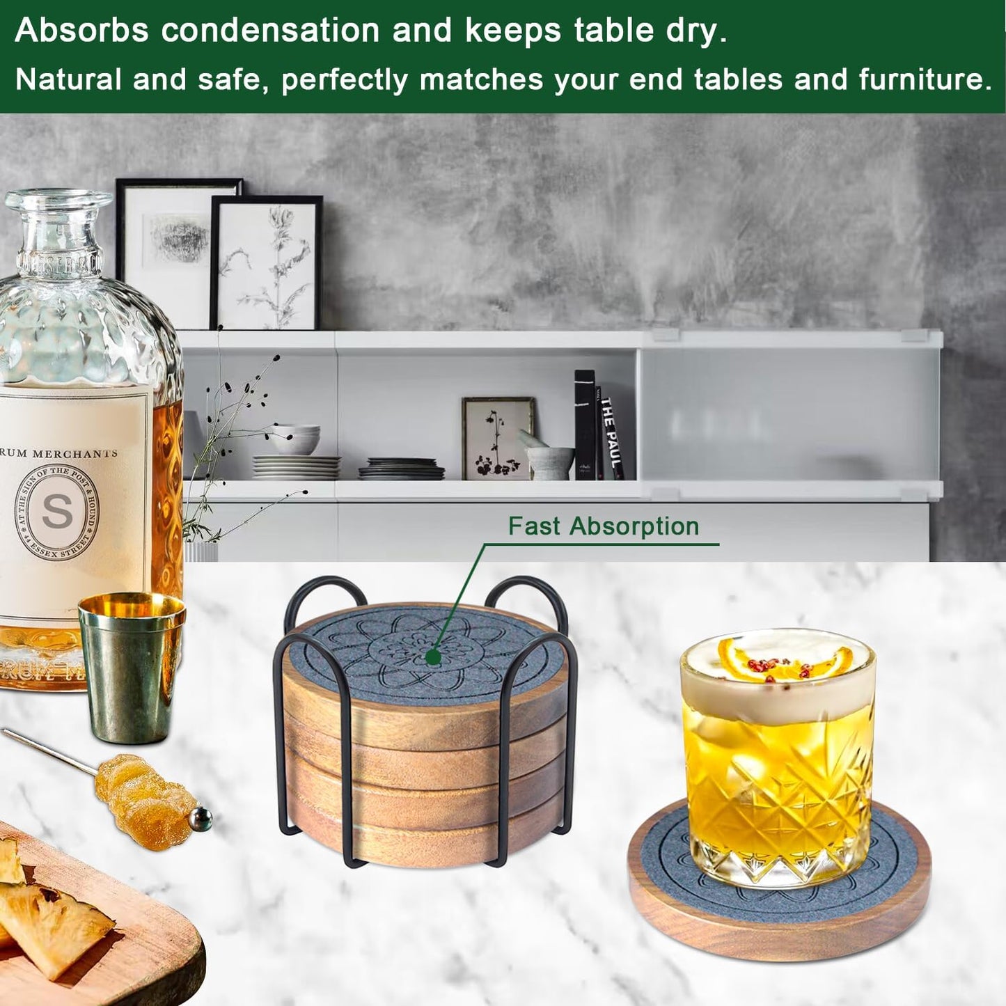 5 Pack Absorbent Coasters for Coffee Table with Holder, Wood Coasters with Felt Pads, Non-Slip, Non-Stick, Suit for Kinds of Cups 4.3 inch (Gray)