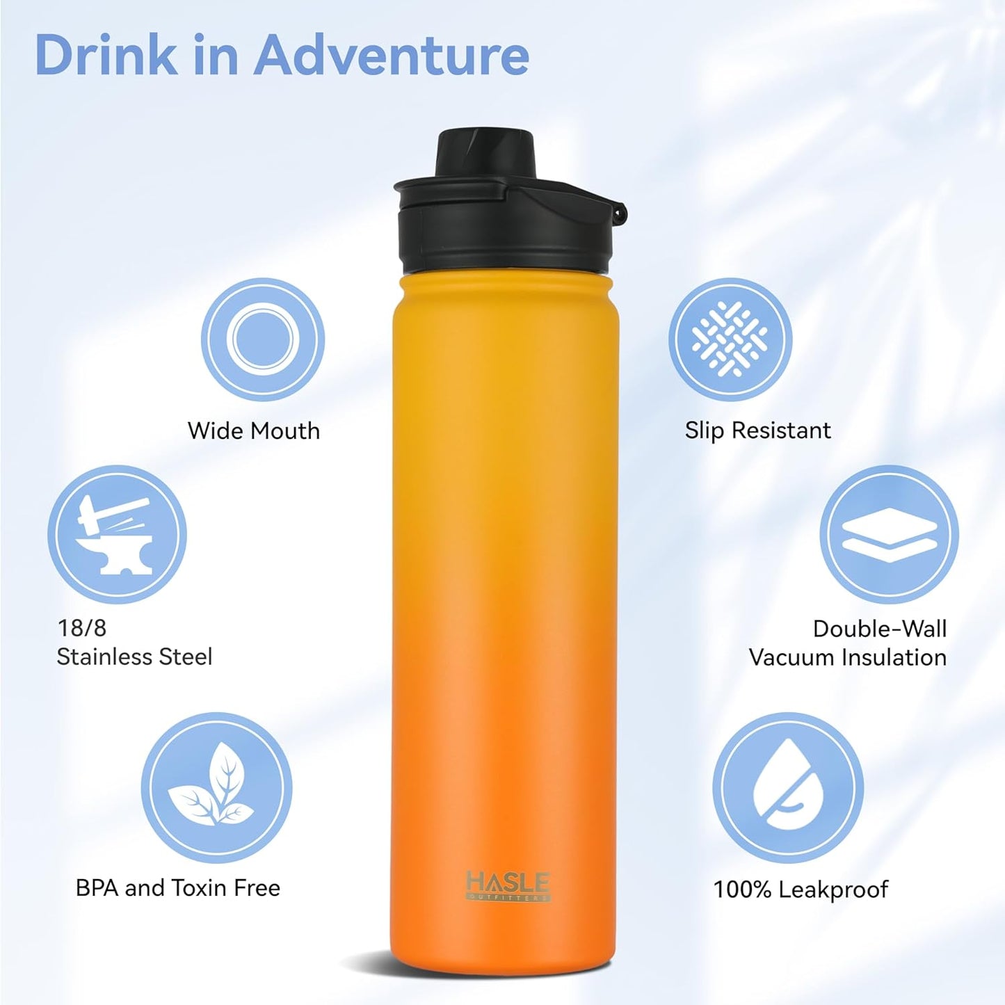 HASLE OUTFITTERS Insulated Water Bottle 22 oz Double Wall Stainless Steel Water Bottle Wide Mouth with Straw Lid & Spout Lid Keeps Cold or Hot(Yellow Orange Gradient,1)