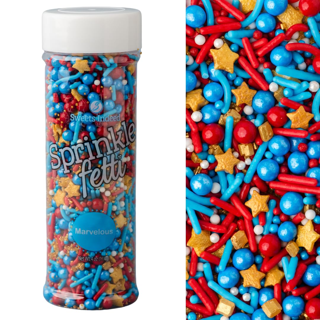 Sweets Indeed Sprinkles, Patriotic Edible Sprinkle Mix, Red Blue Gold, 4th of July, Perfect for Cake Decorations, Baking, Ice Cream, Cookies, Cupcake Topper For Birthday, Dairy Free, 4 ounces (Marvelous)