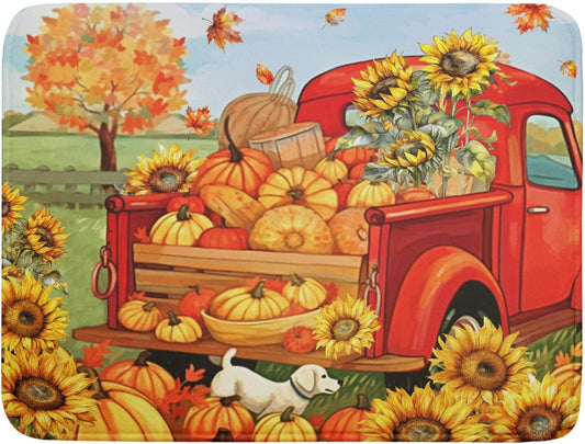 Autumn Pumpkin Red Truck Dish Drying Mat for Kitchen Counter,Fall Leaves Sunflower Cue Dog Harvest Drying Mat 18 x 24 Inch Microfiber Dish Drying Pad Dish Rack Drainer Mat for Coffee Bar