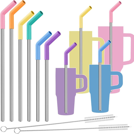 Tomorotec 6-Pack Stainless Steel Reusable Straw with Silicone Tip 3 Sizes, Metal Drinking Straws Fit for Stanley Quencher Tumblers 40oz, 30oz, 20oz, 14oz, Cleaning Brushes Included (Rainbow)