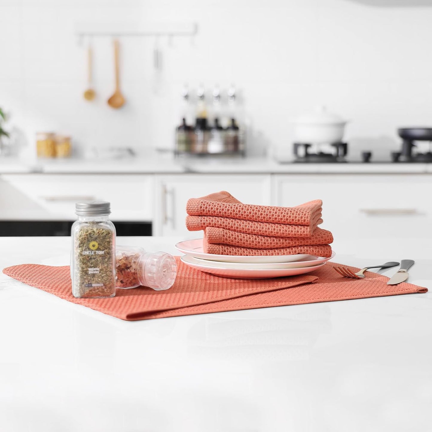 Kitinjoy 100% Cotton Waffle Weave Kitchen Towels, 4-Pack Super Soft and Absorbent Dish Towels for Drying Dishes, Kitchen Hand Towels, 13 in x 28 in, Coral