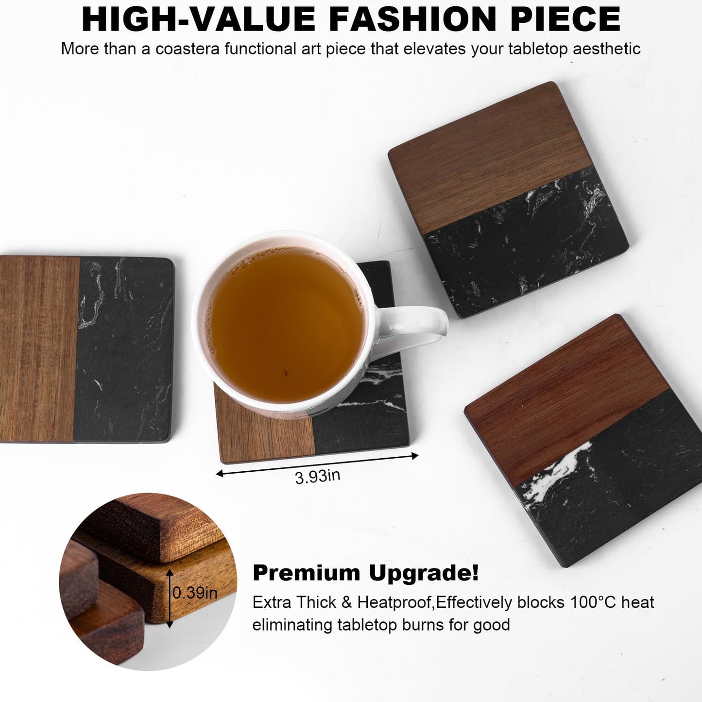 Marble Coasters: 4-Piece Set of Acacia Wood Marble Coasters, Suitable for Kitchens, Offices, and can be Used as Gifts (Black Square)