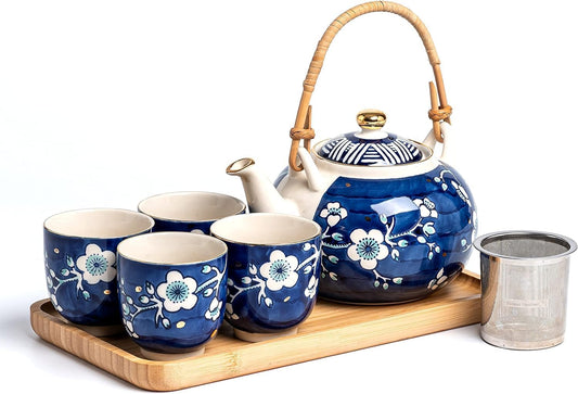 Japanese Tea Set, 25 oz Ceramic Tea Sets with Teapot and Cup Set for 4, Blue and White Tea Sets for Adults with Removable Stainless Infuser and Bamboo Tray, Tea Gifts Set for Tea Lovers