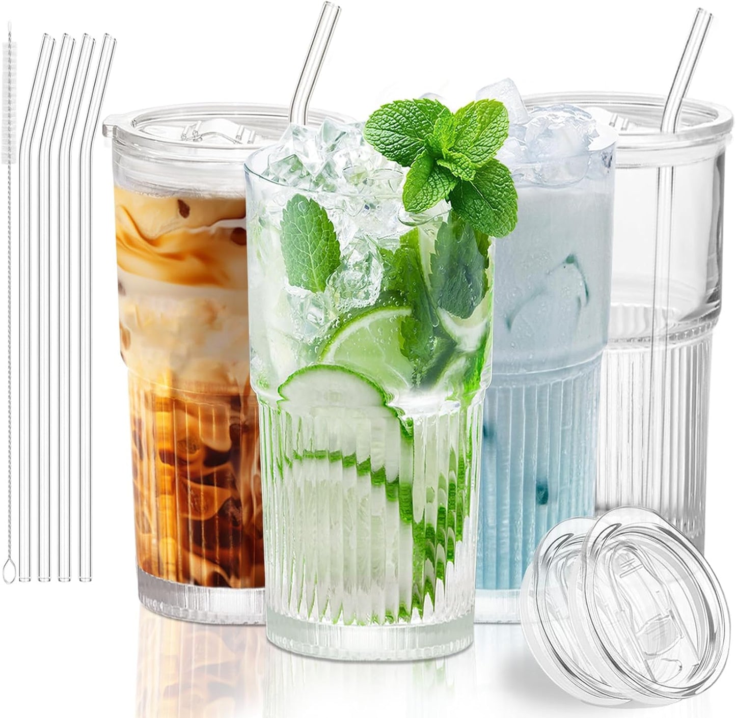 18.5oz Glass Cups with Lids and Straws - Set of 4 Reusable Tumblers, Thickened Shatter-Resistant Glass, Ideal for Iced Coffee, Smoothies, Cocktails, Juices - Elegant & Durable Drinkware
