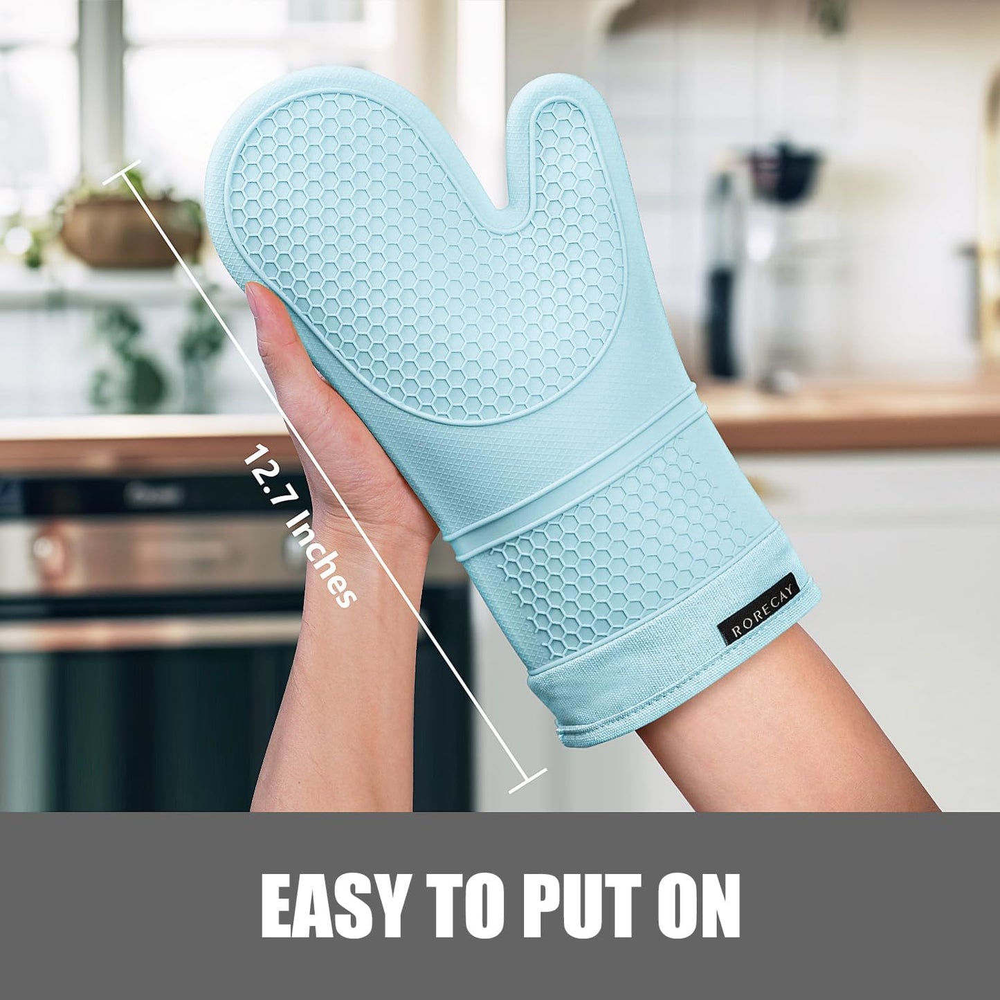 Rorecay 6pcs Oven Mitts and Pot Holders Sets, Extra Long Silicone Oven Gloves Heat Resistant 500 Degrees Non-Slip Potholders Hot Pads for Kitchen Baking Cooking, Quilted Liner, Winter Sky