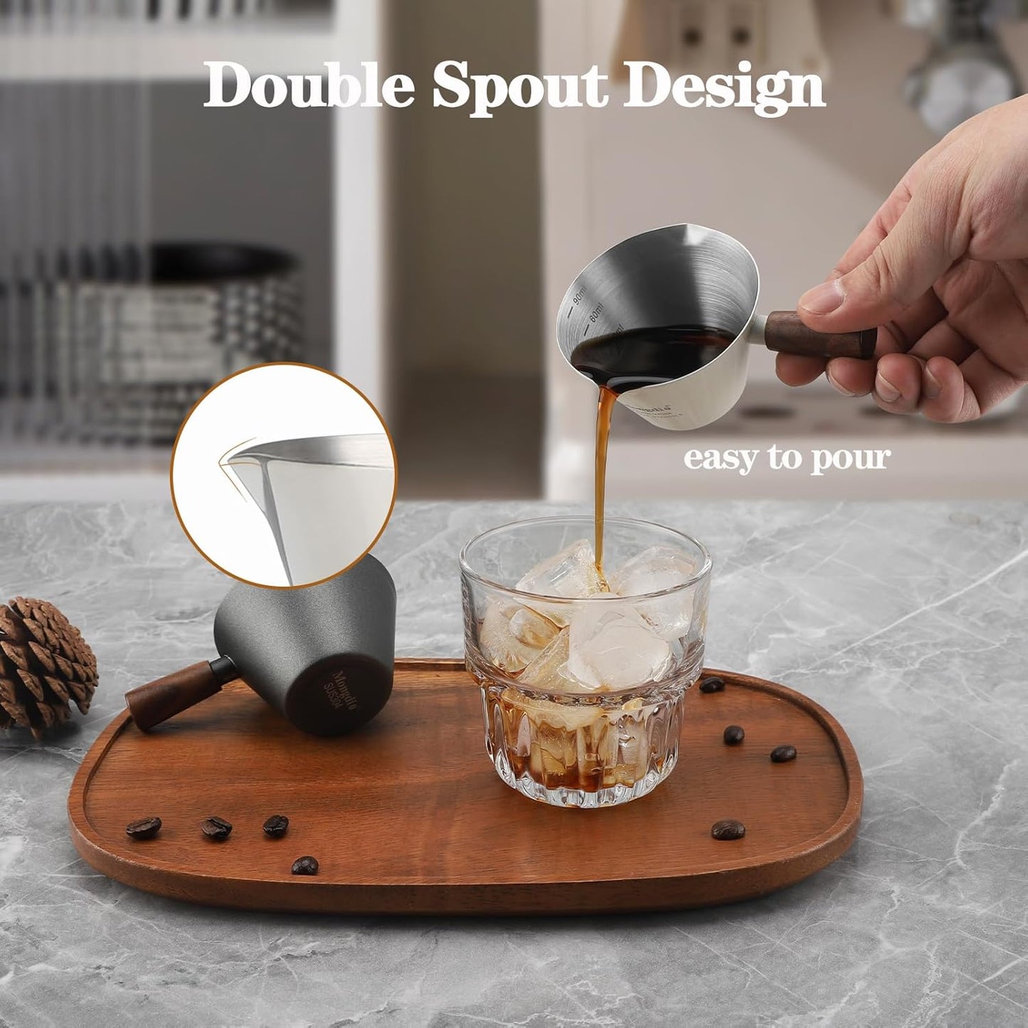 Mongdio Espresso Measuring Cup, Stainless Steel Espresso Shot Cups with Wooden Handle and Double Spouts, 3.4OZ/100ML, Silver