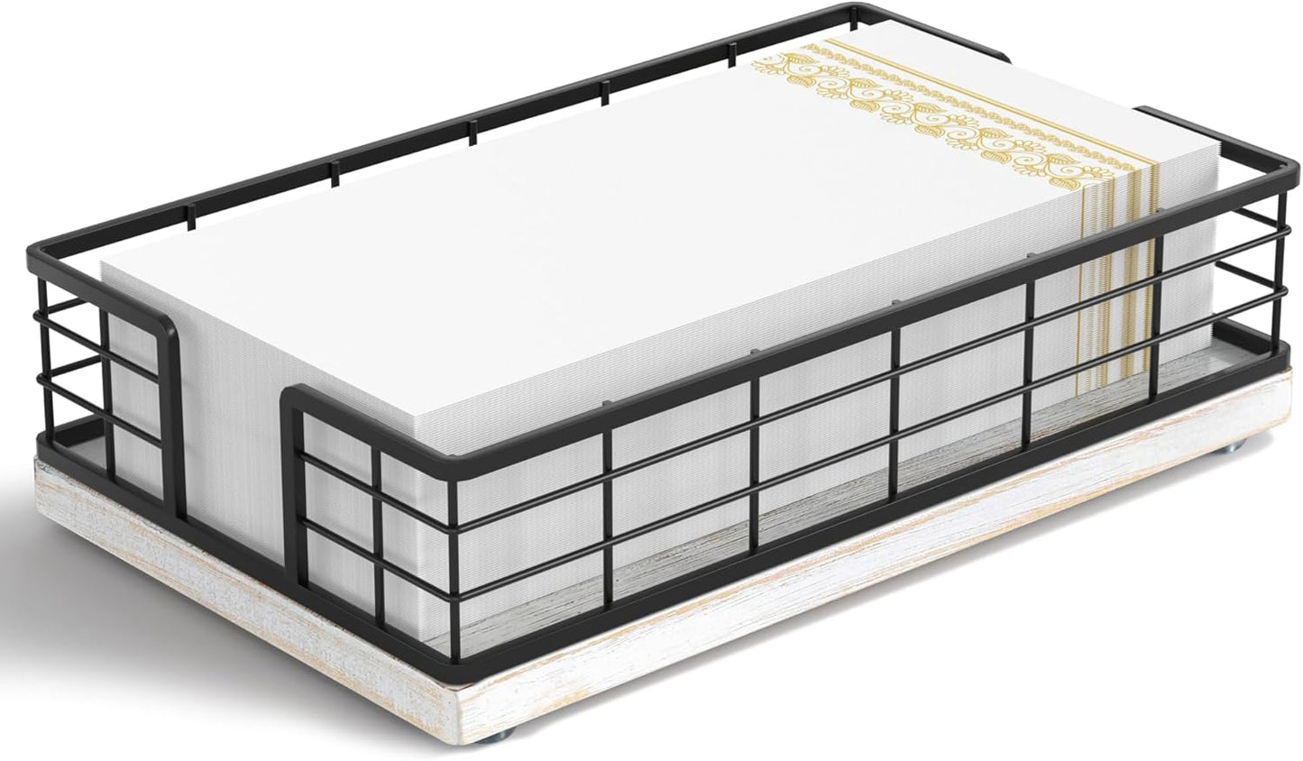 Wican Guest Towel Holder Tray for Bathroom, Oak and Iron Napkins Holder for Powder Room Dinning Table Wooden Basket for Disposable Paper Hand Towels Black and Farmhouse White