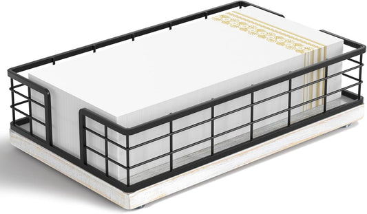 Wican Guest Towel Holder Tray for Bathroom, Oak and Iron Napkins Holder for Powder Room Dinning Table Wooden Basket for Disposable Paper Hand Towels Black and Farmhouse White