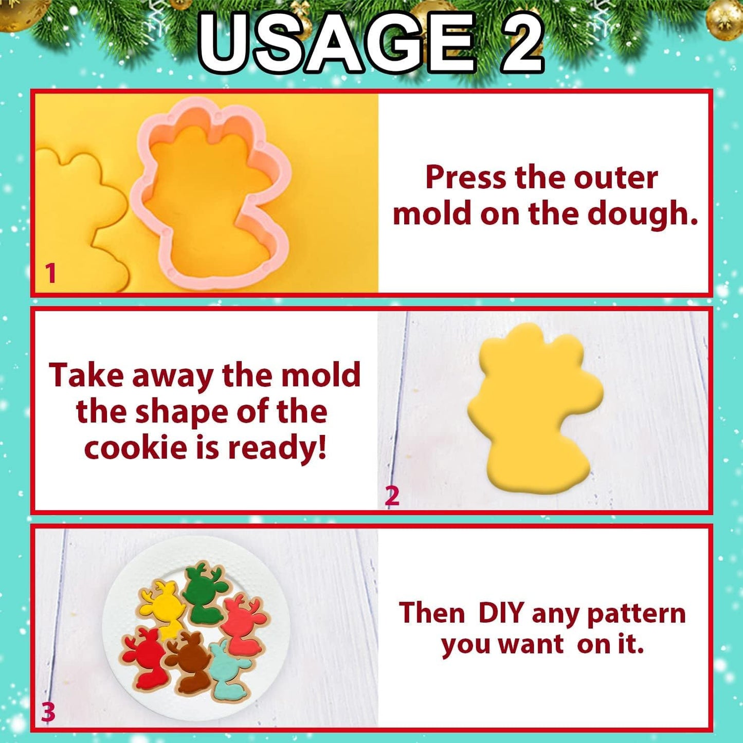 Leesgel Christmas Cookie Cutters, 3D Christmas Holiday Cookie Cutters Shapes with Santa/Xmas Tree/House/Deer, Christmas Party Decorations Ornaments