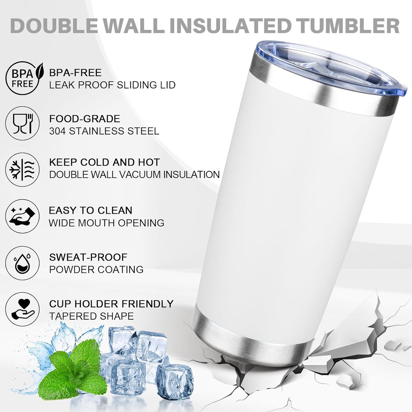 20oz Tumbler with Lid Double Wall Vacuum Insulated Travel Coffee Mug Stainless Steel Thermal Cup Powder Coated Sturdy Coffee Tumbler for Hot and Cold Beverage (White,1)