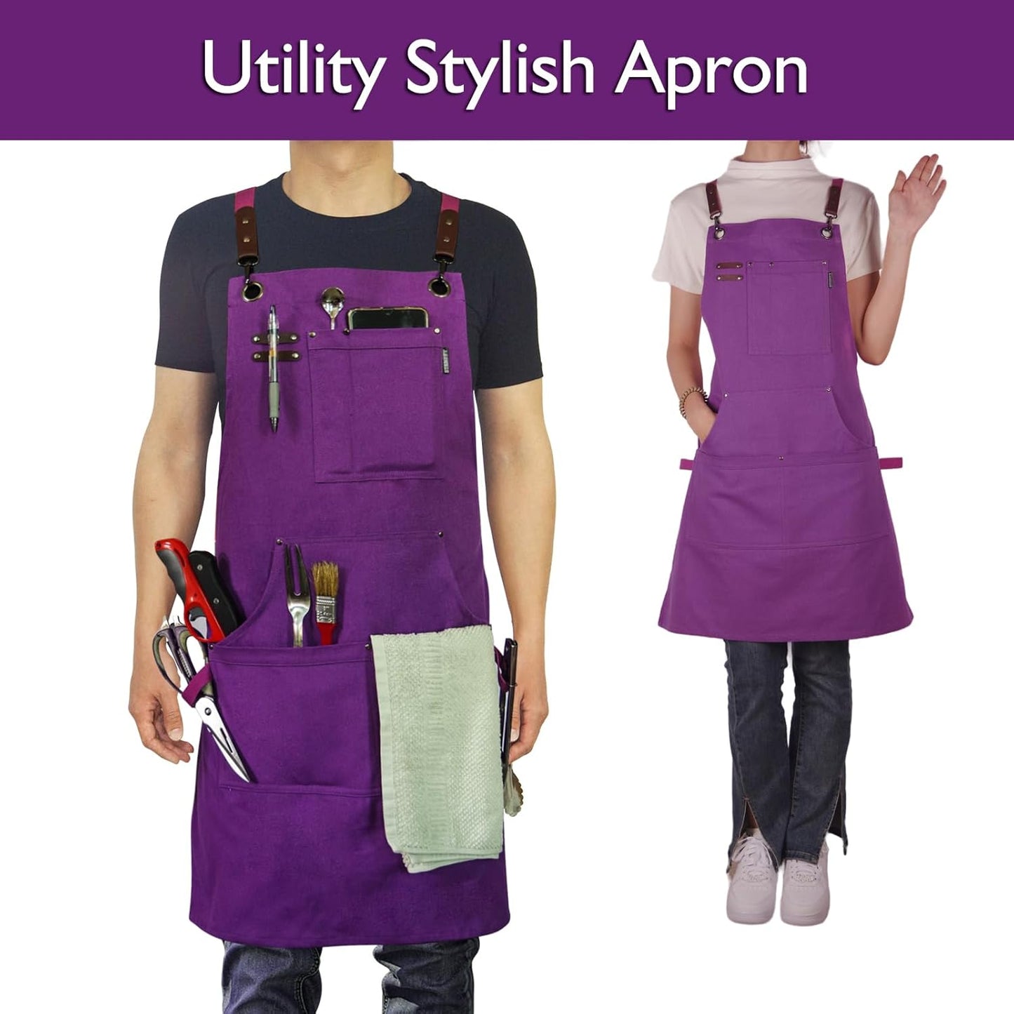 5 Pack Kitchen Apron, Work Apron, Canvas, Multiple Pockets, Gardening, Painting, BBQ, Artist, Carpenter, Sizes M to XXL, Purple