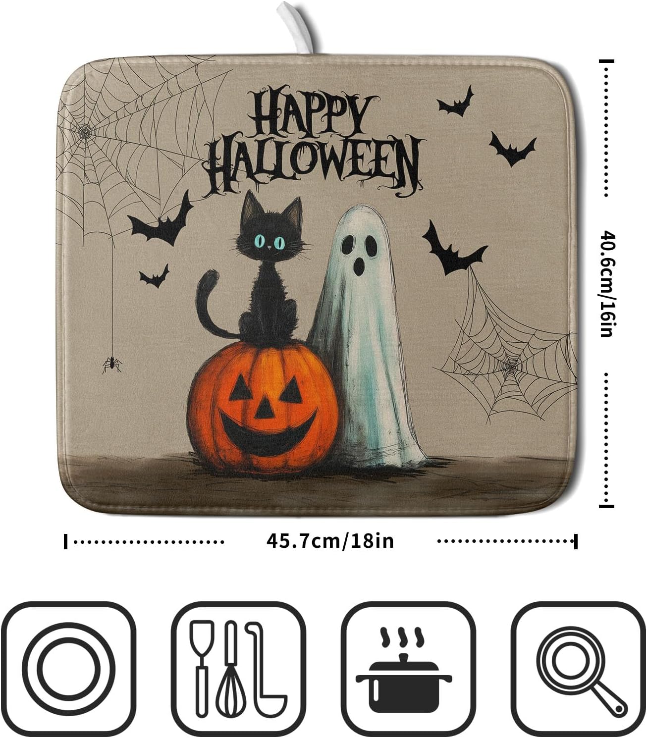 Happy Halloween Black Cat Ghost Dish Drying Mat for Kitchen Counter,Halloween Pumpkin Spiderweb Bat Drying Mat 16 x 18 Inch with High Absorbent Microfiber Drainer Mat for Coffee Bar