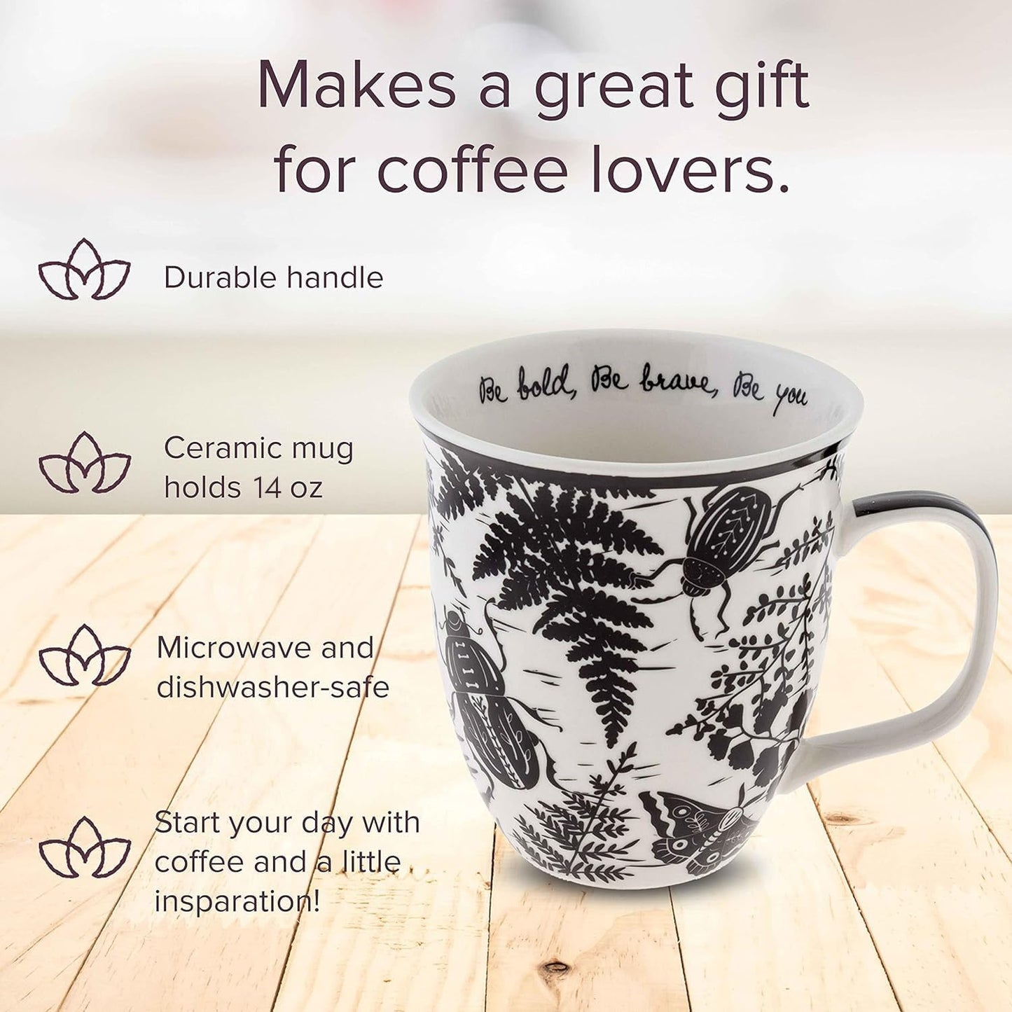 Karma Gifts 16 oz Black and White Boho Mug Beetle - Cute Coffee and Tea Mug - Ceramic Coffee Mugs for Women and Men