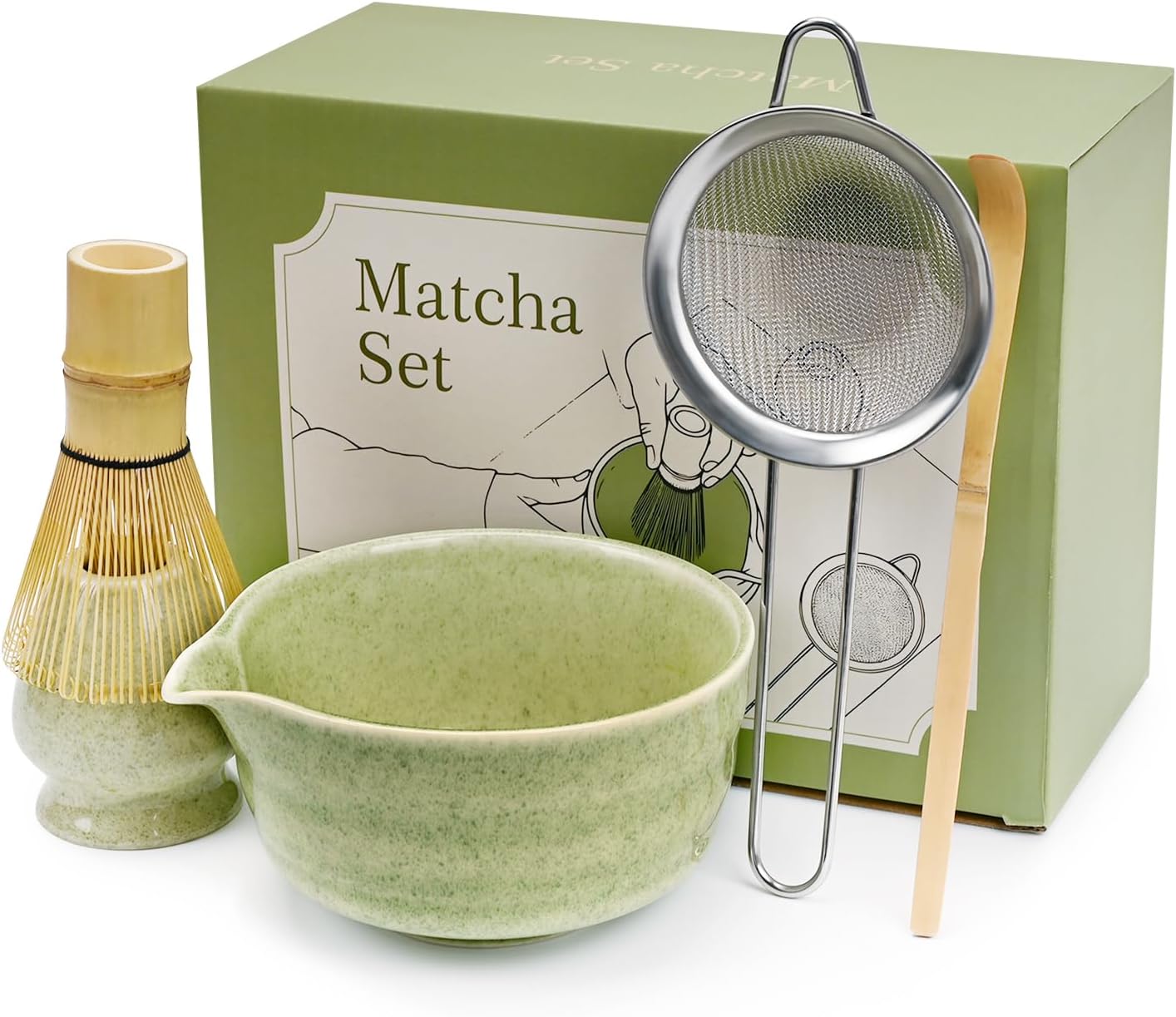 Green Matcha Whisk Making Set - Japanese Tea Kit with Whisk Bowl and Bamboo Scoop Ceramic Chawan with Spout for Traditional Tea Ceremony Complete Matcha Making Tools Gift for Tea Lovers (Green, 5 PCS)