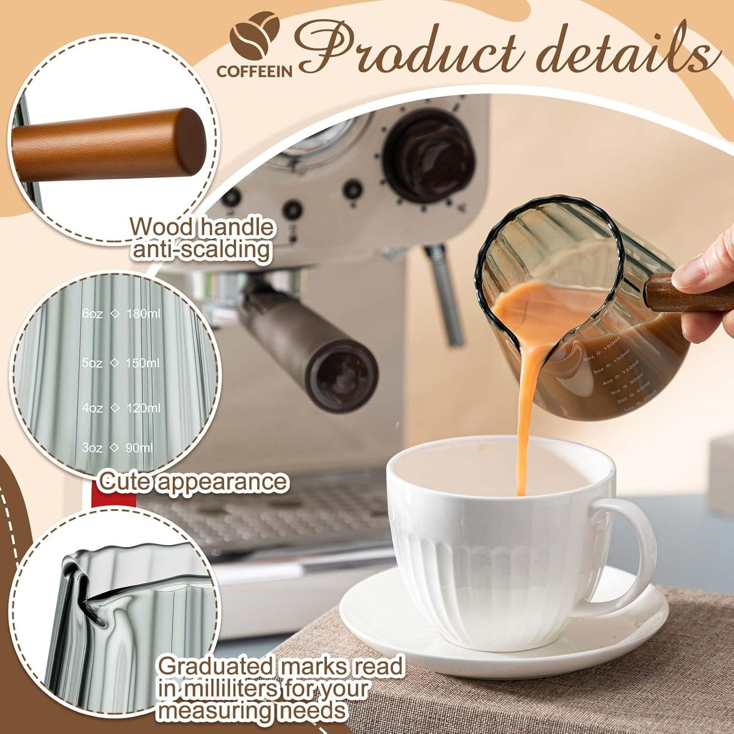 Espresso Shot Glass with Handle, 6 Oz/180 ml Espresso Cups with Single V-shaped Mouth, Measuring Cup for Milk Tea Coffee Bar Accessories(Gray,1 Pcs)