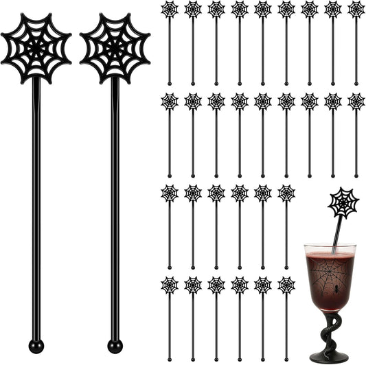 30 Pcs Halloween Swizzle Sticks Plastic Coffee and Cocktail Stirrers Fall Thanksgiving Drink Stirrers Cocktail Mixers for Halloween Fall Autumn Party Tea Coffee Bar Decoration(Spider Web)