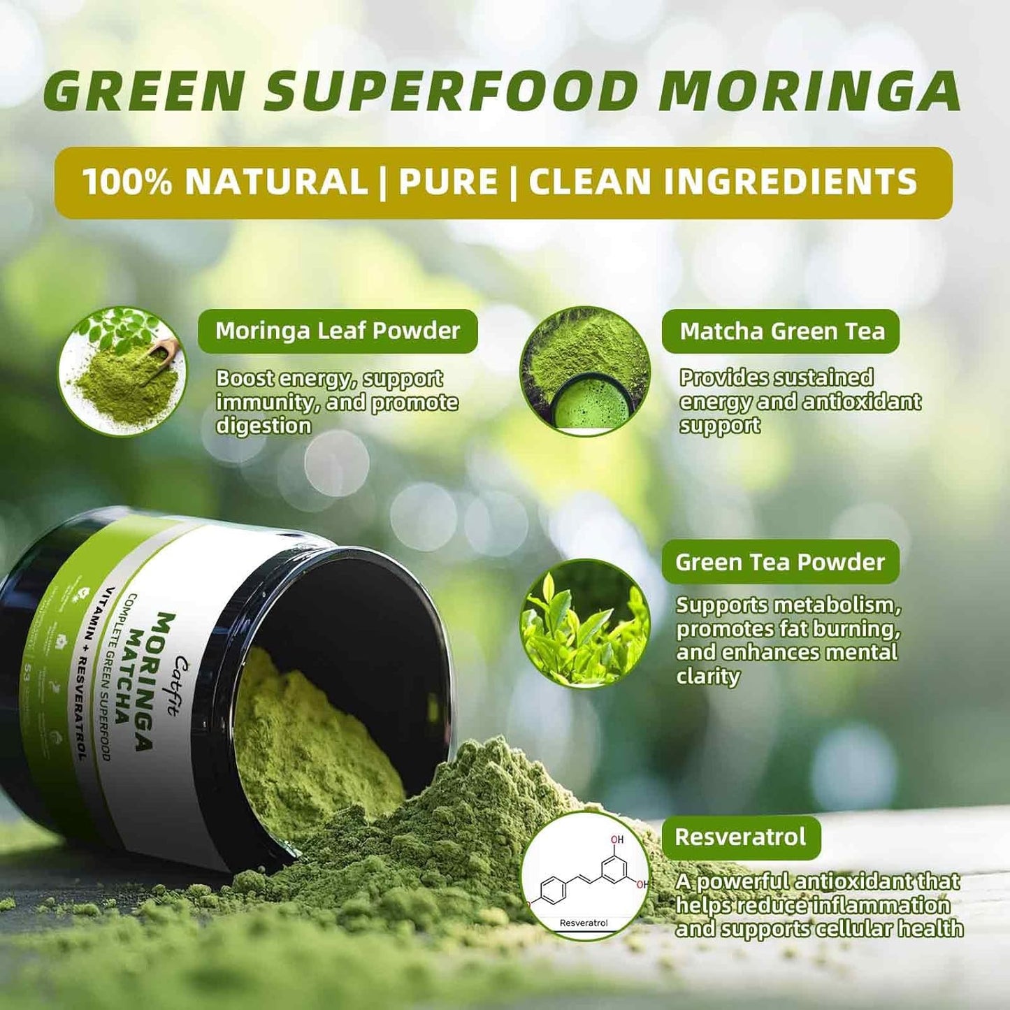 Matcha Powder with Moringa, Green Tea and Resveratrol, 4-in-1 Superfood for Energy, Immune, Digestion and Antioxidant Support, Vegan, Gluten-Free, 5.64 oz
