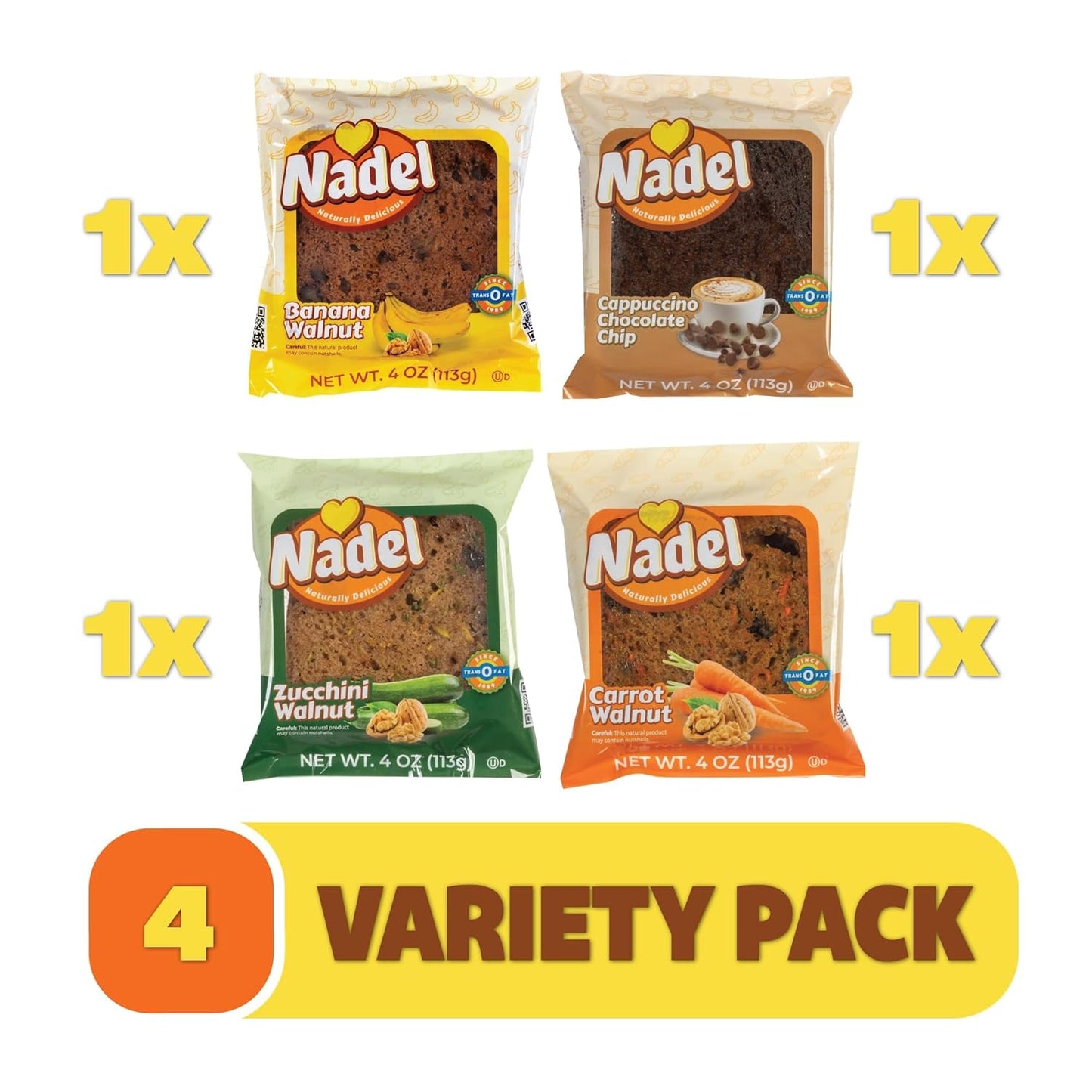 Nadel - Naturally Delicious Sweet Breads Variety Pack (Banana Walnut, Cappuccino Chocolate Chip, Carrot Walnut, Zucchini Walnut). (4 Pack, 1 Bread Per Flavor)