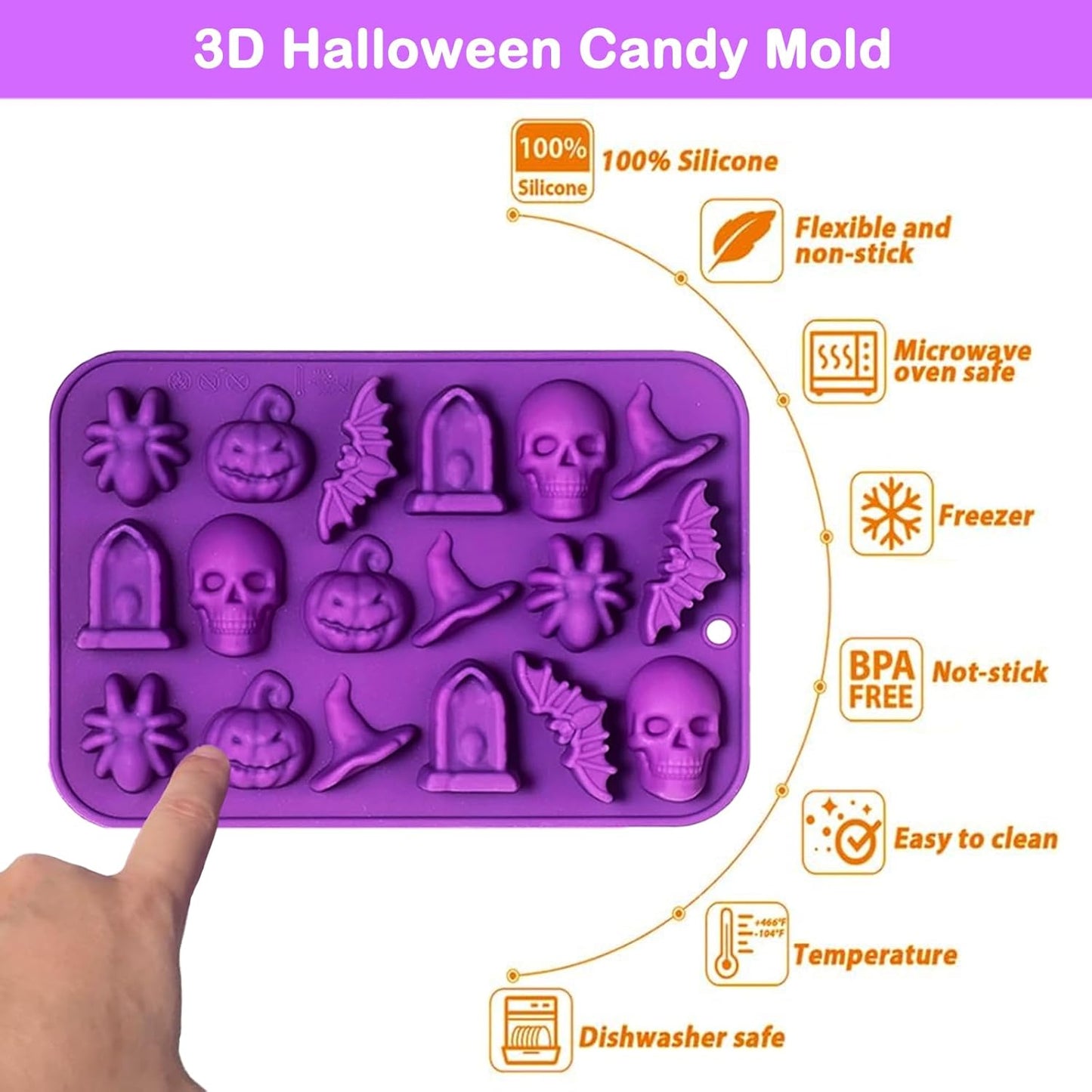 Halloween Chocolate Mold Silicone,18 Cavity Candy Gummy Mold with Pumpkin Wizard Hat Bat Spider Tombstone for Baking Chocolate Jelly Gummy Dessert (2pcs)