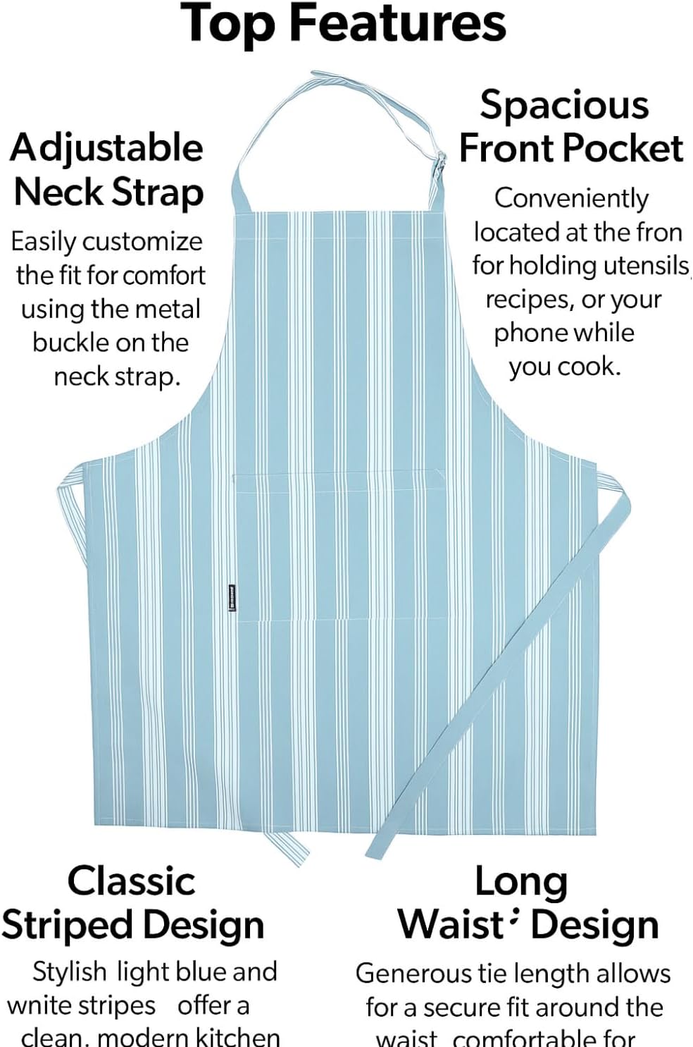 AMOUR INFINI Cotton Striped Aprons for Women with Pockets - Adjustable Strap and Waist Ties Printed Apron for Baking, Cooking, Gardening (27.5 x 33 Inches - Dove Blue)