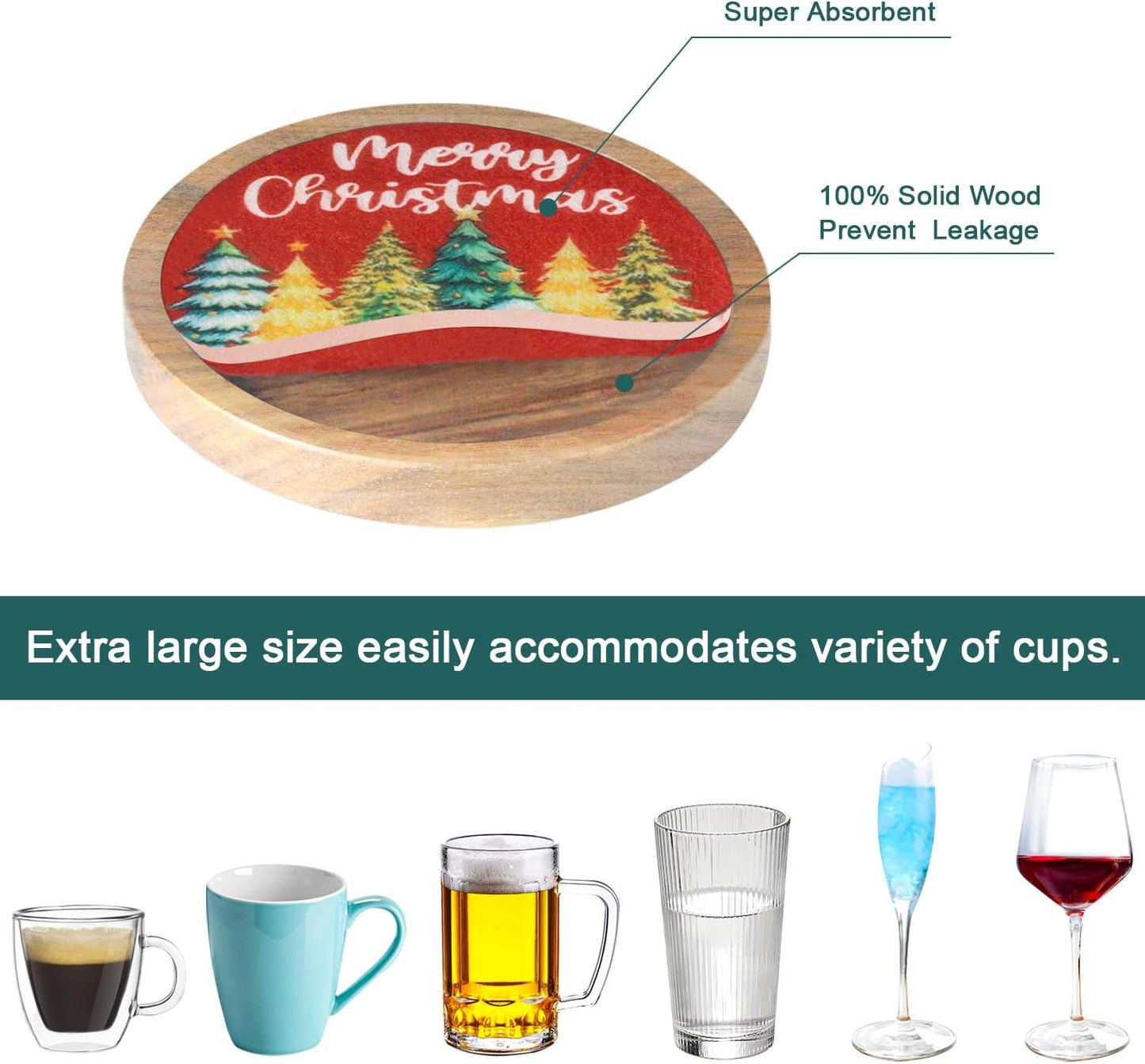 Christmas Tree Coasters for Drinks with Holder, Minacun Absorbent Coaster Set of 6, White Elephant Gifts, Secret Santa Gifts, Xmas Decor, Drinks Coasters for Coffee Tabletop Protection, 4.3 Inches